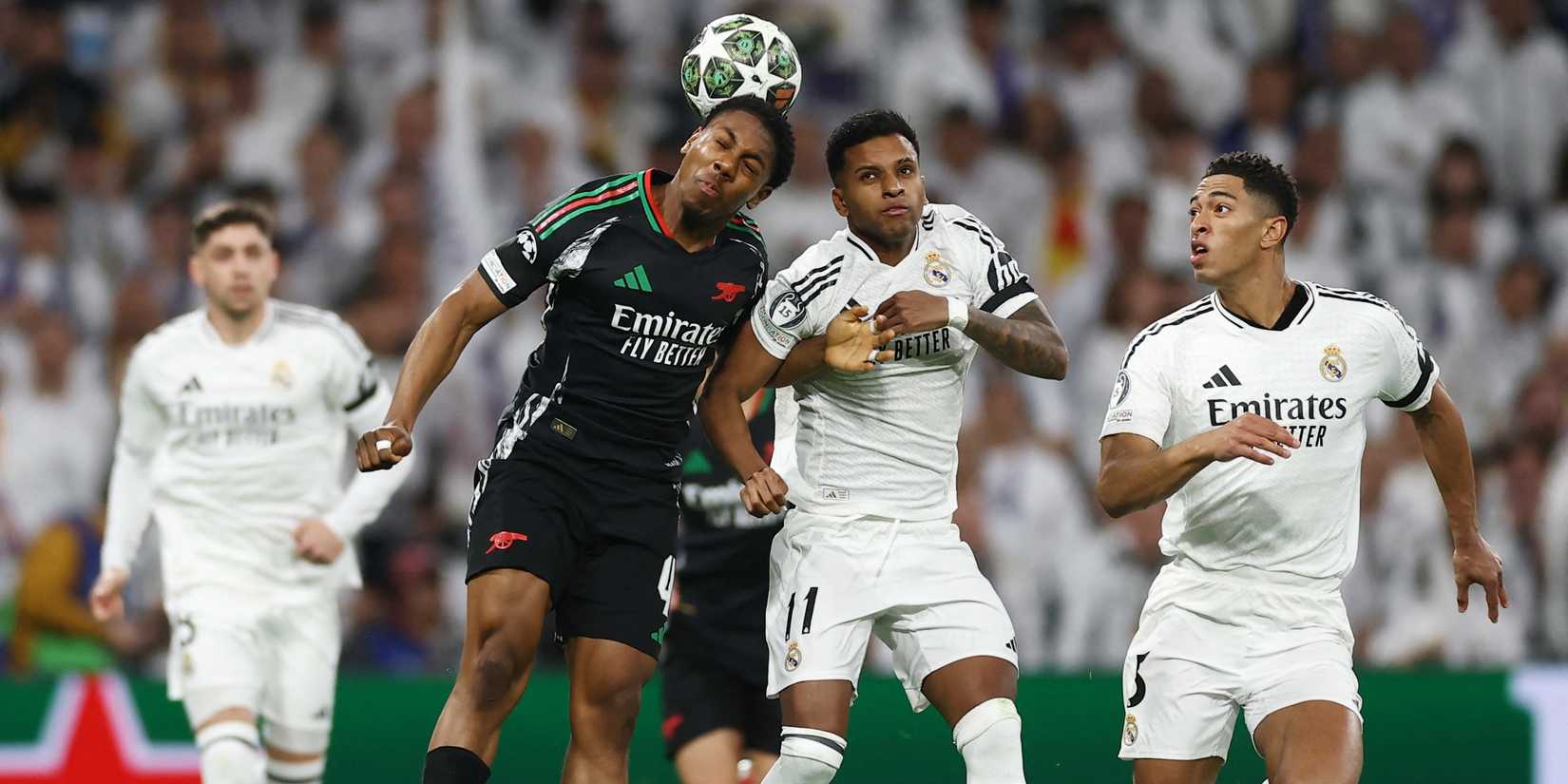 Arsenal's Myles Lewis-Skelly in action with Real Madrid's Rodrygo