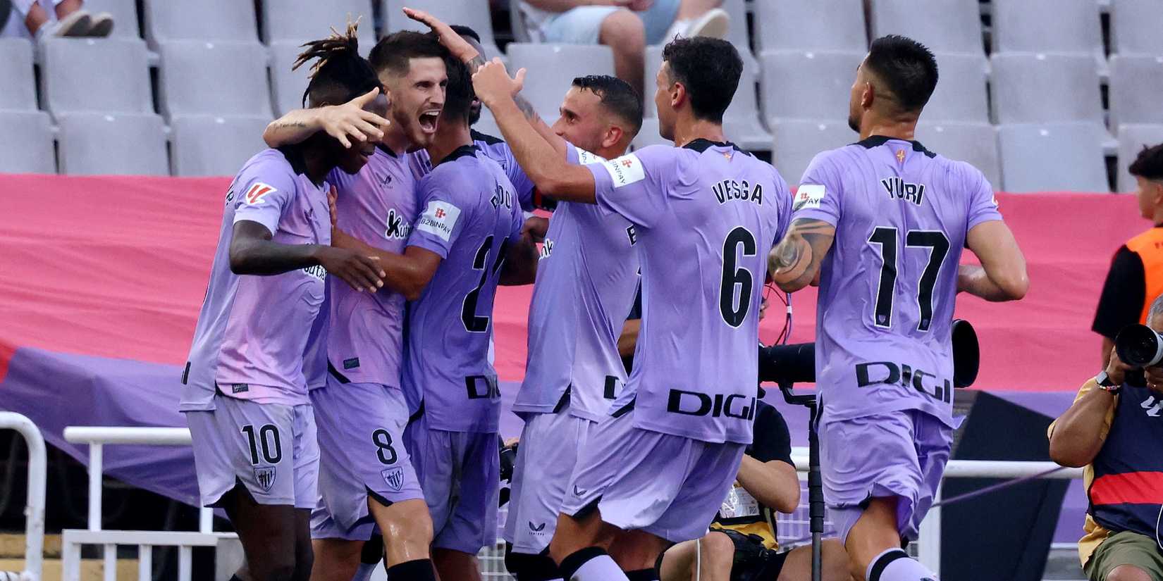 Oihan Sanceet from Athletic Bilbao celebrates their first goal with his teammates