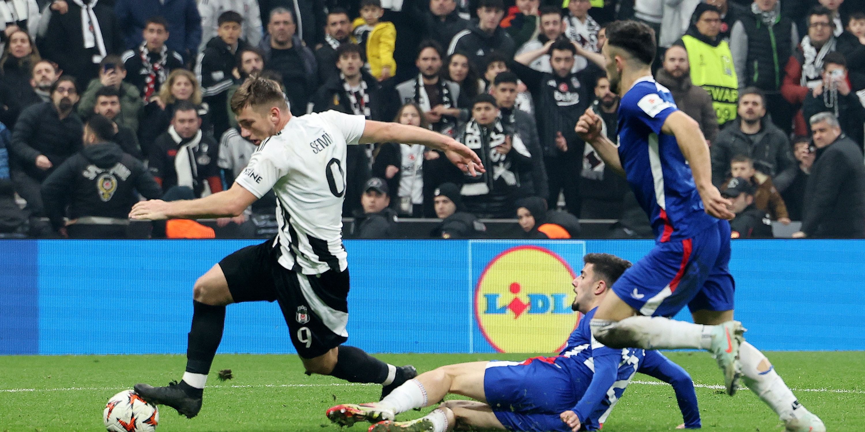 Besiktas' Semih Kilicsoy is fouled by Athletic Bilbao's Nico Serrano and is awarded a penalty after a VAR review