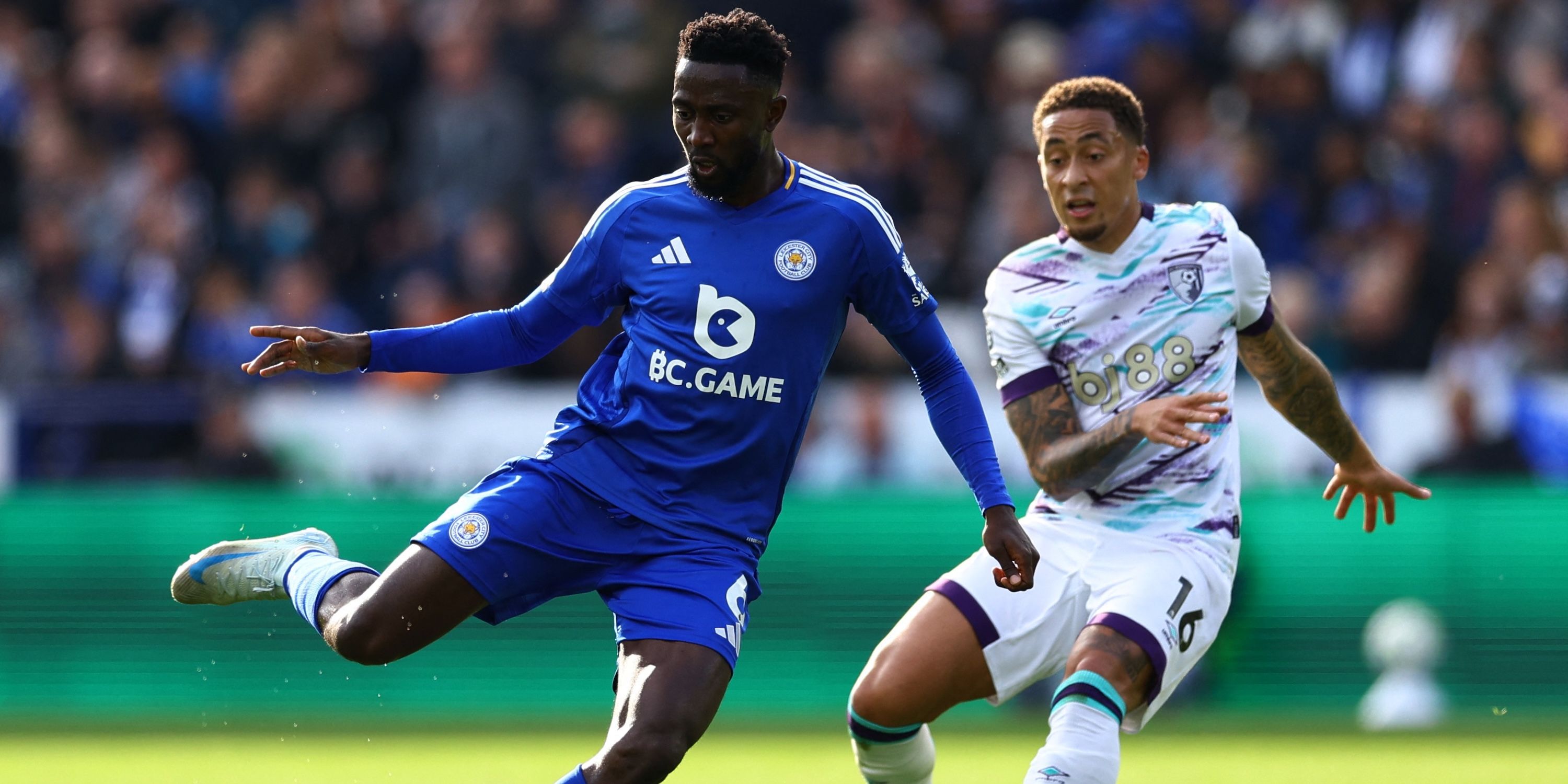 Wilfred Ndidi in action by Leicester City with Marcus Tavernier from AFC Bournemouth