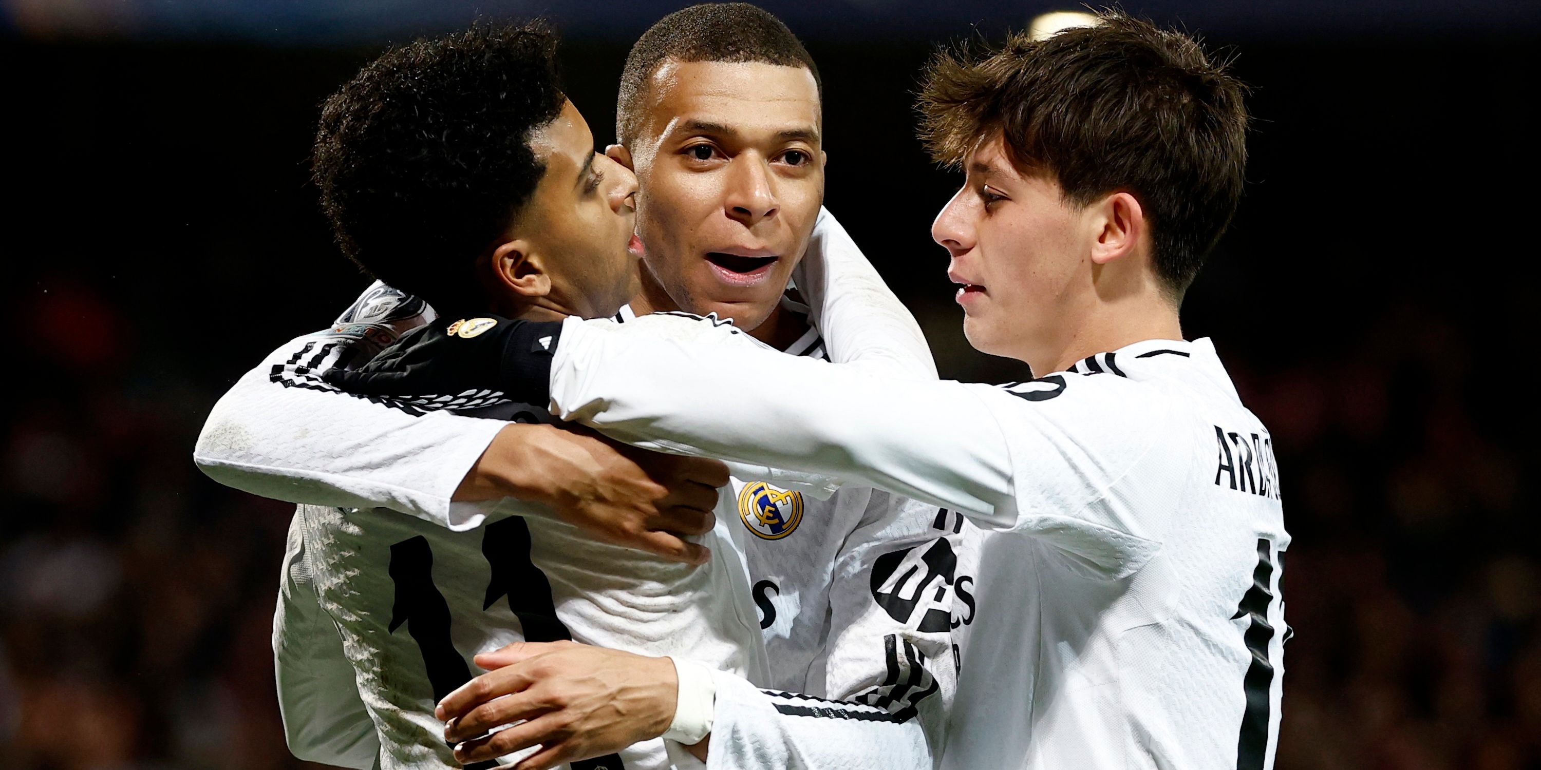 Rodrigo from Real Madrid celebrates his third goal with Kylian Mbappe and Arda Galler