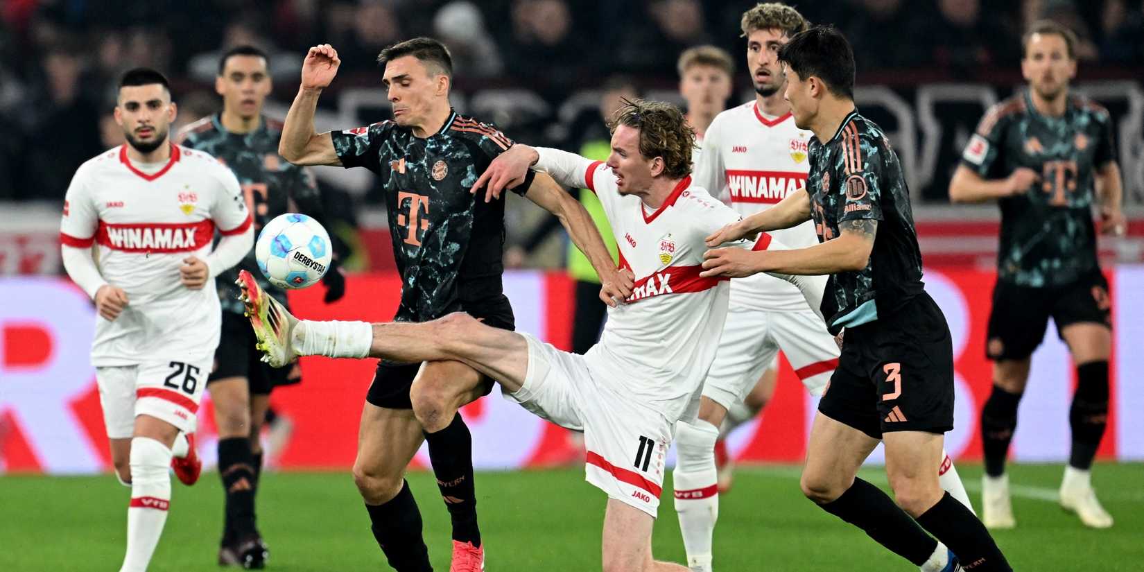 VFB Stuttgart's Nick Woltemade Bayern Munich Joao Palhinha and Bayern Munich with Kim Min-Jae