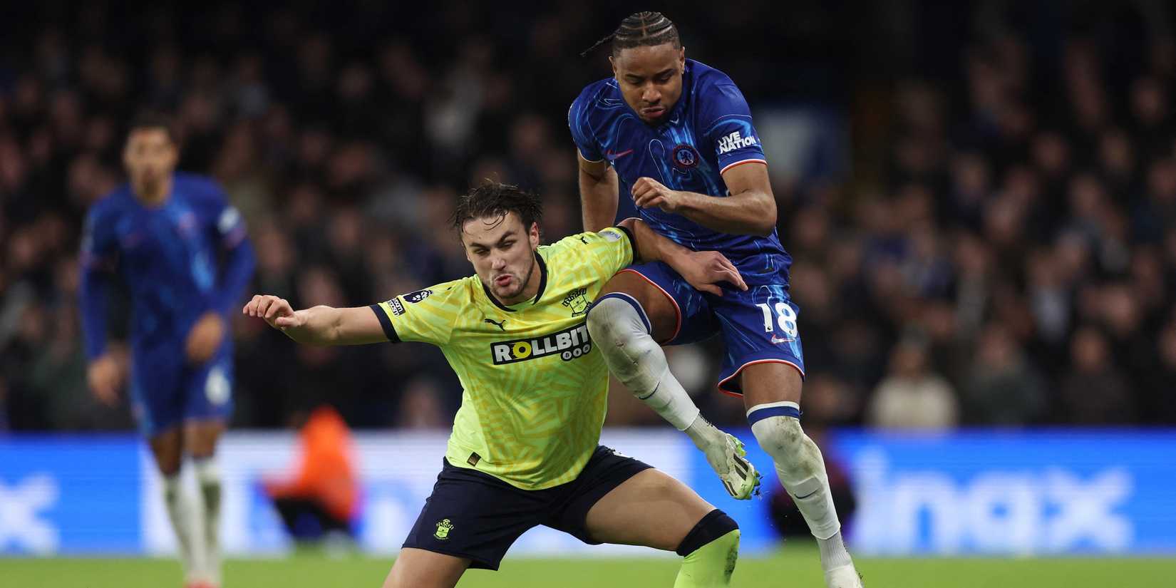 Chelsea's Christopher Nkunku with action with Taylor Harwood-Bellis in Southampton