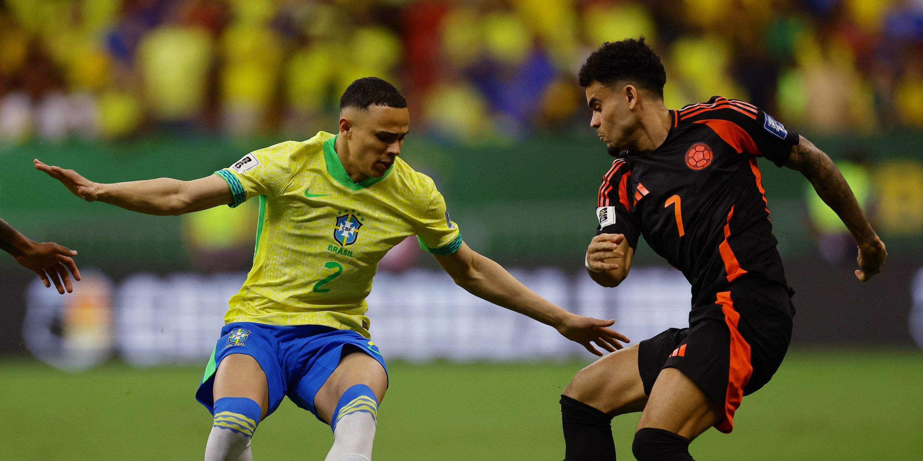 Colombia's Luis Diaz in action with Brazil's Vanderson