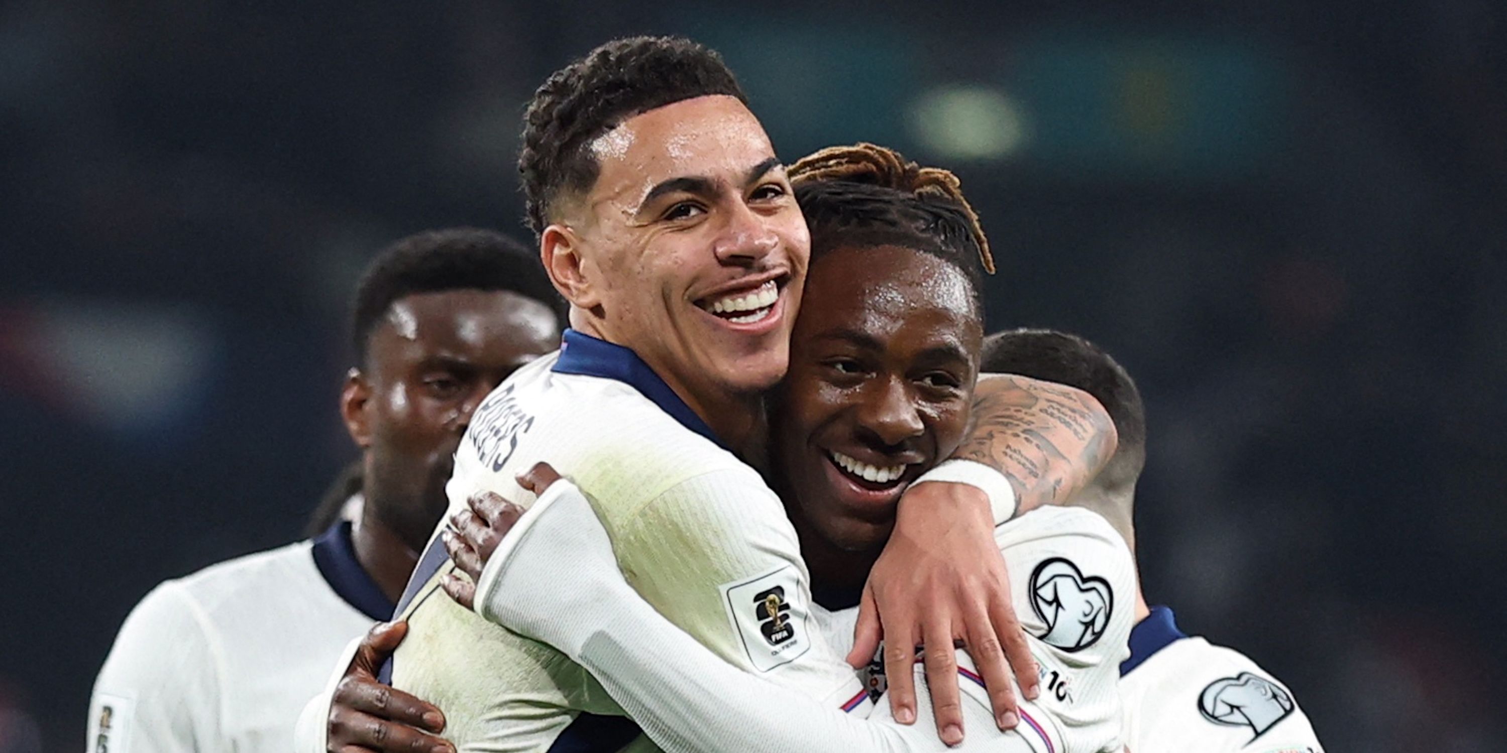 Eberechi Eze celebrates England by scoring their third goal with Morgan Rogers from England