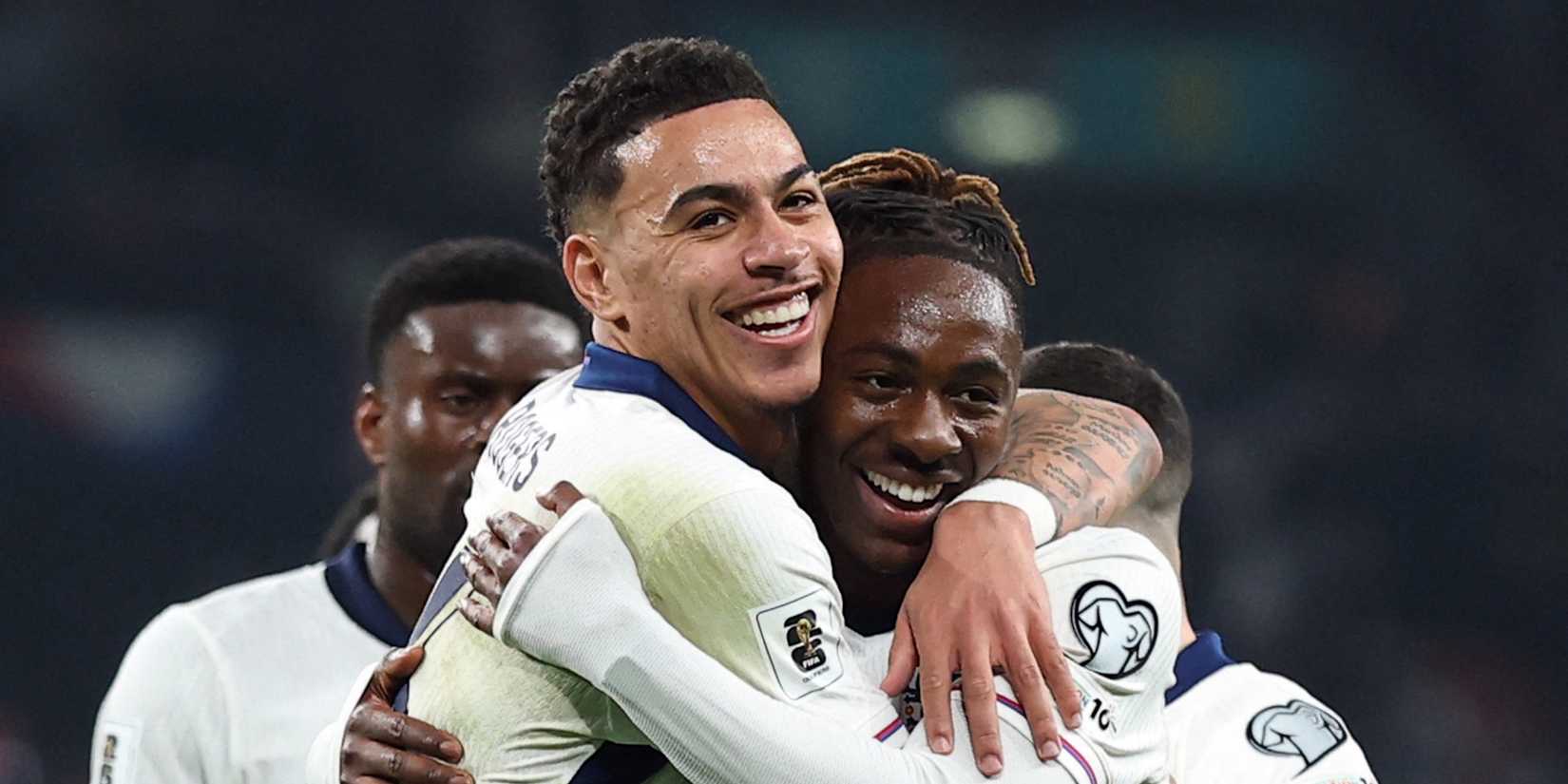 England's Eberechi Eze celebrates scoring their third goal with England's Morgan Rogers