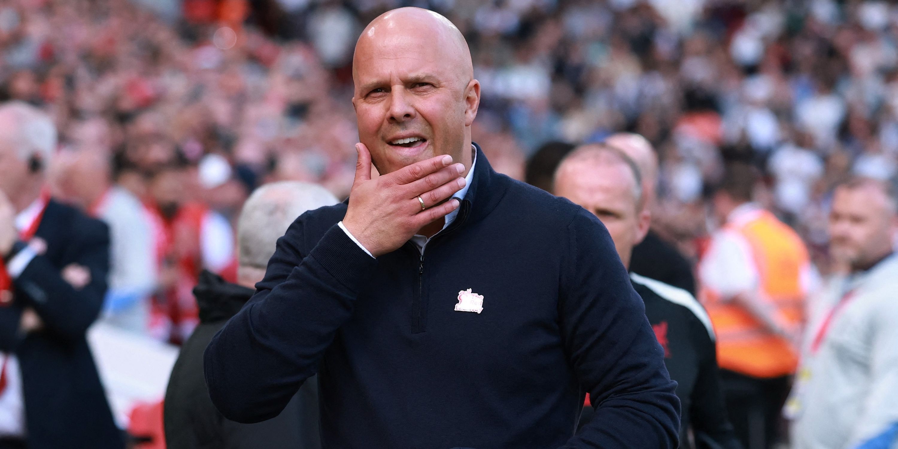 Liverpool Manager Arne Slot looks before the match