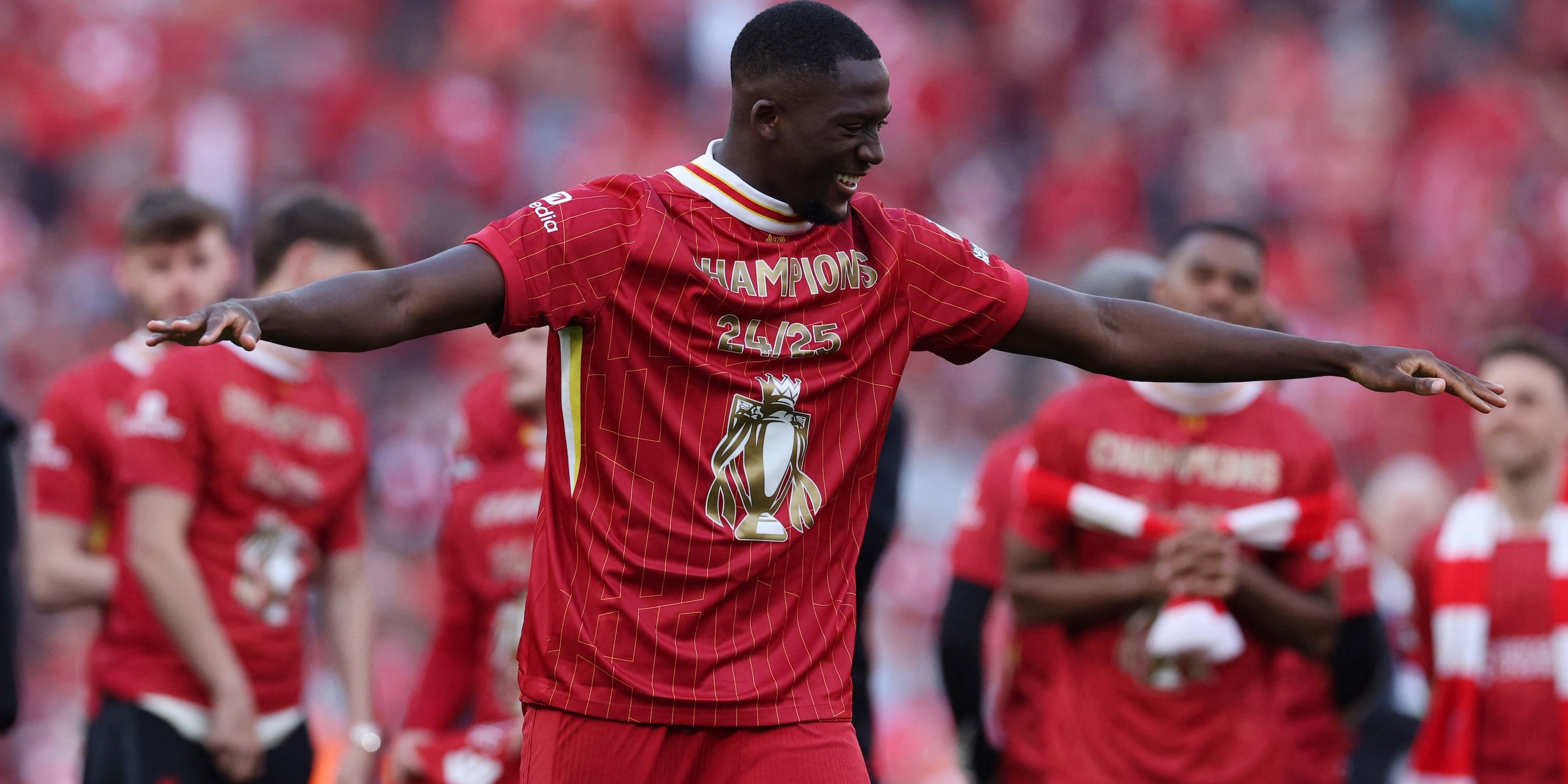 Liverpool's Ibrahima Konate celebrates after winning Premier League