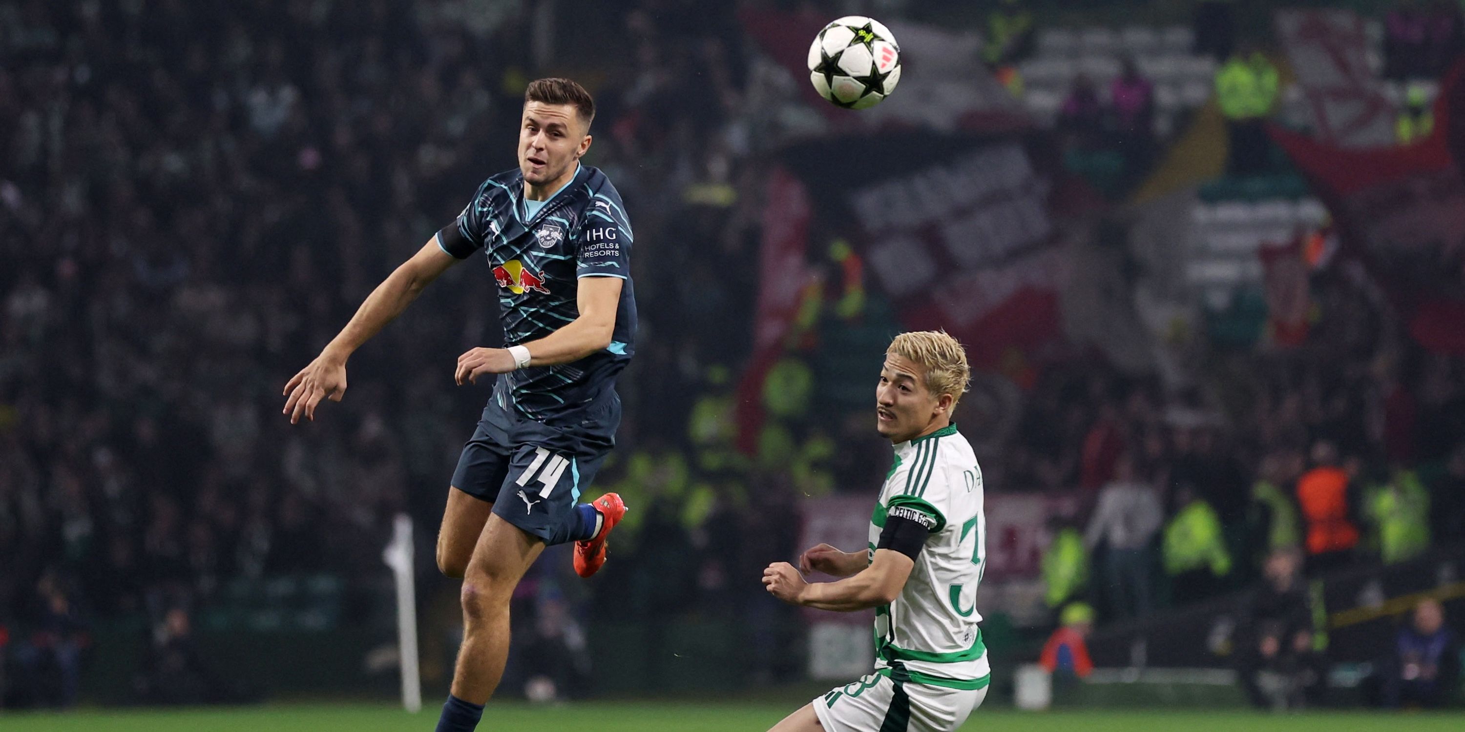 Christophe Bumgartner of RB Leipzig with Daizen Maeda from CELTIC