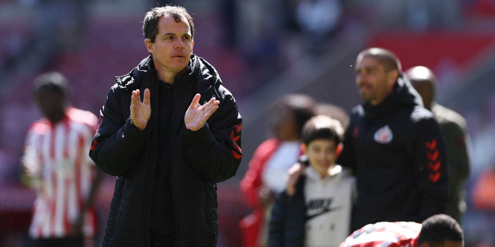 The Manager of Sunderland, Regis Le Bris, applauds the fans after the match 