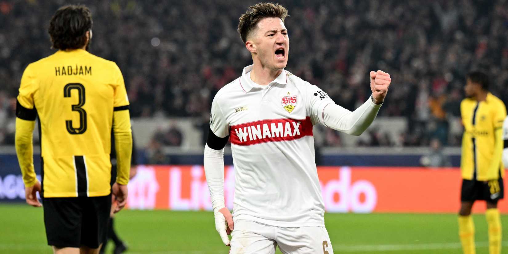 Angelo Stiller of VFB Stuttgart celebrates the notation of their first goal 