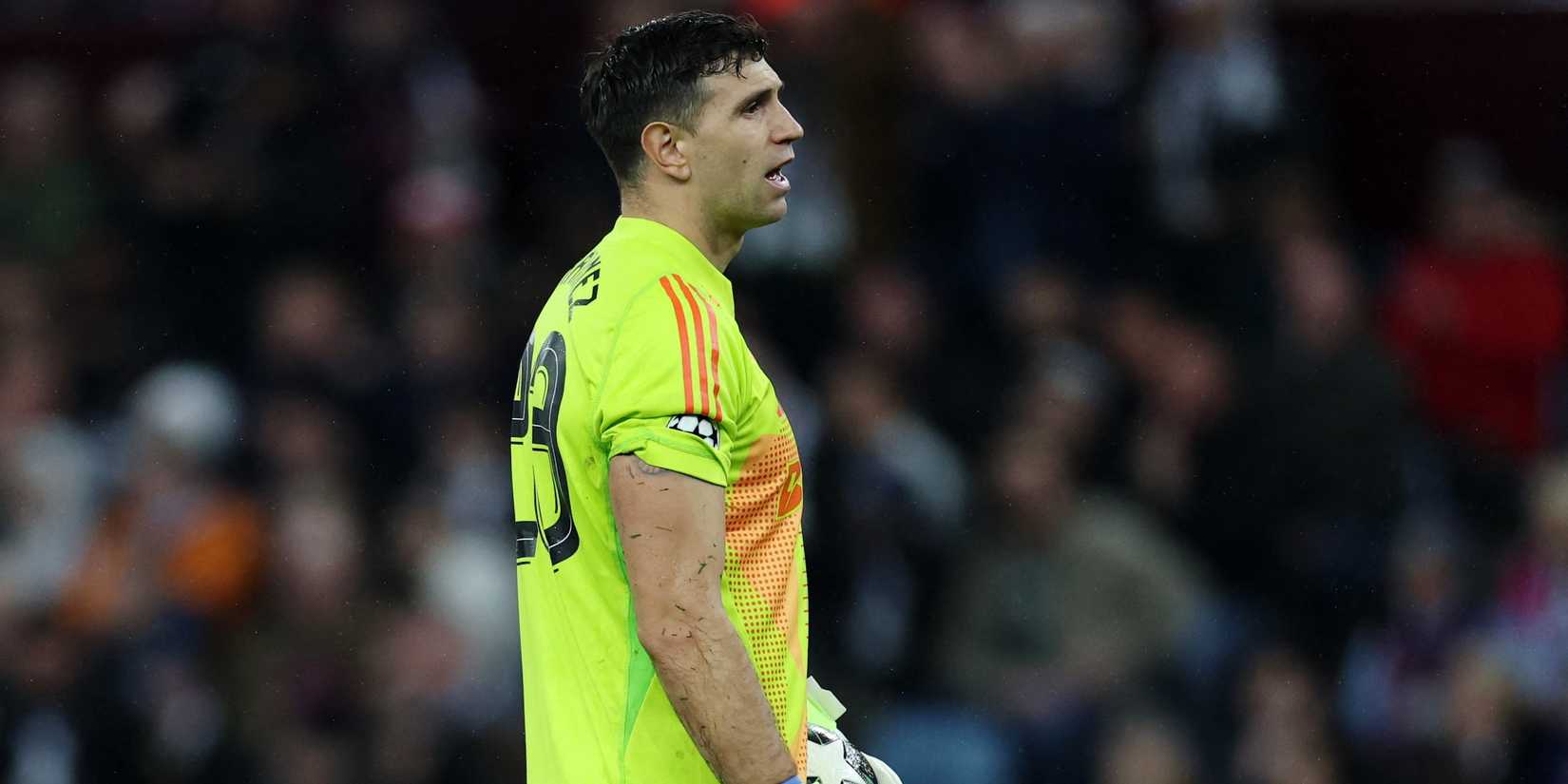 Aston Villa's Emiliano Martinez reacts after Paris St Germain's Nuno Mendes scores