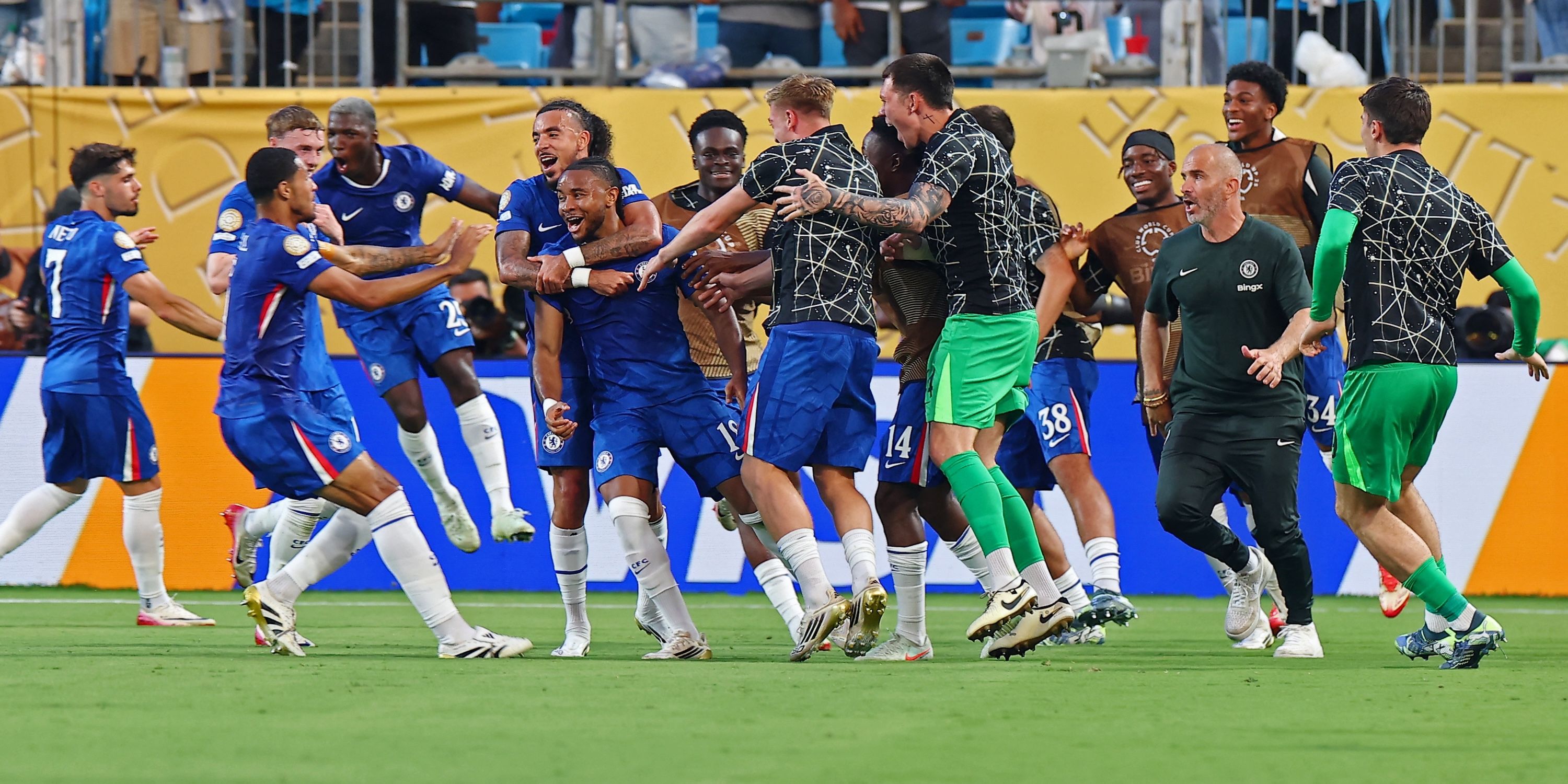 Chelsea's Christopher Nkunku celebrates scoring their second goal with teammates