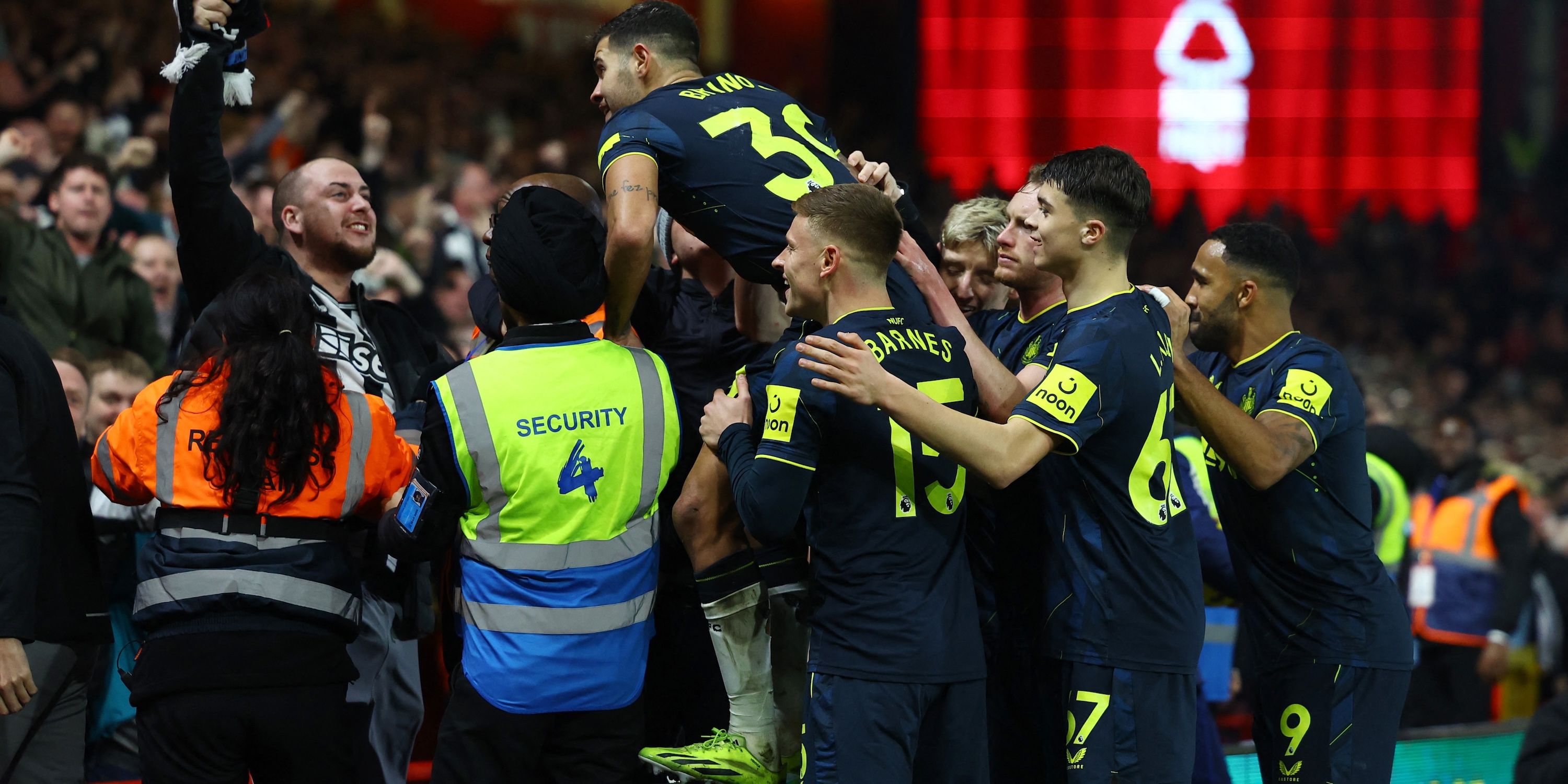 Bruno Jaimara of Newcastle United is celebrating their third goal with Harvey Barnes, Kallum Wilson, Luis Miley and Shawn Longstaf 