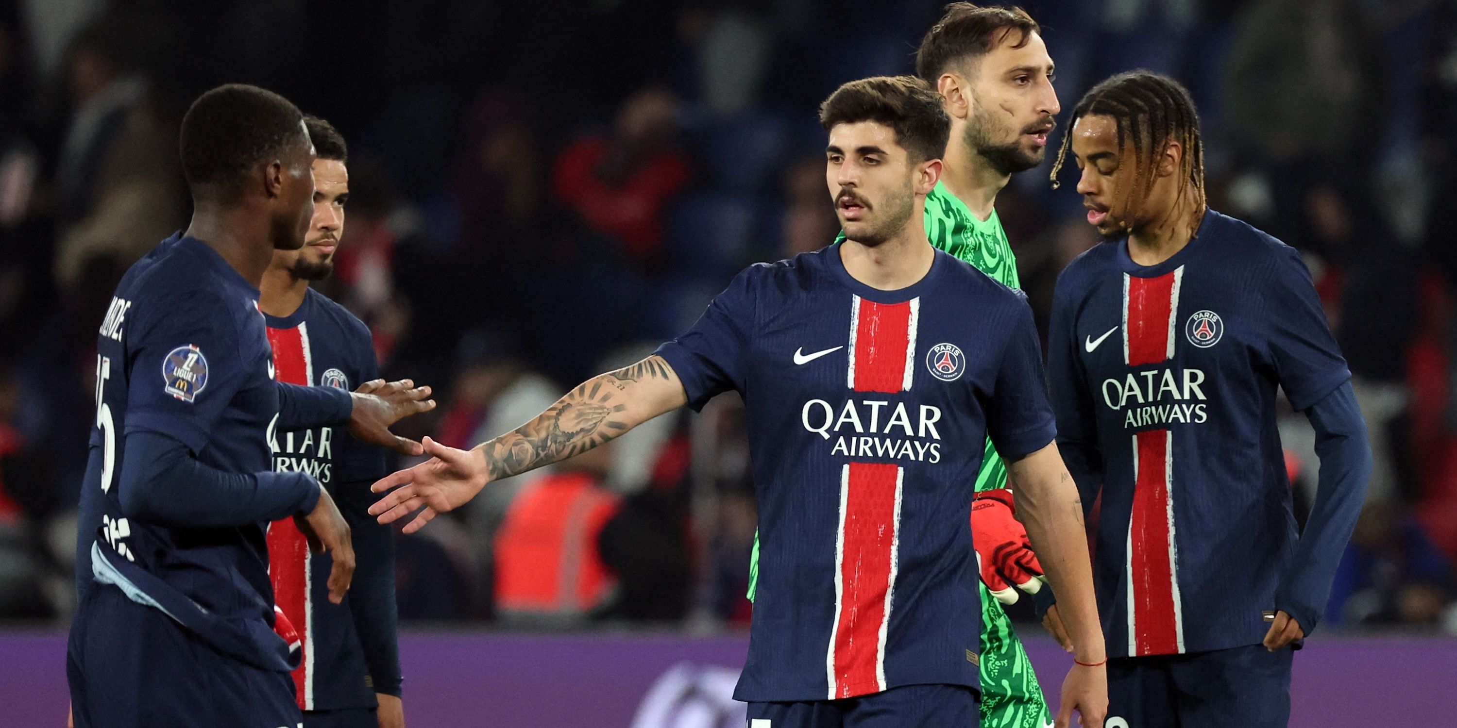 Paris St Germain's Lucas Beraldo, Nuno Mendes, Gianluigi Donnarumma and Bradley Barcola