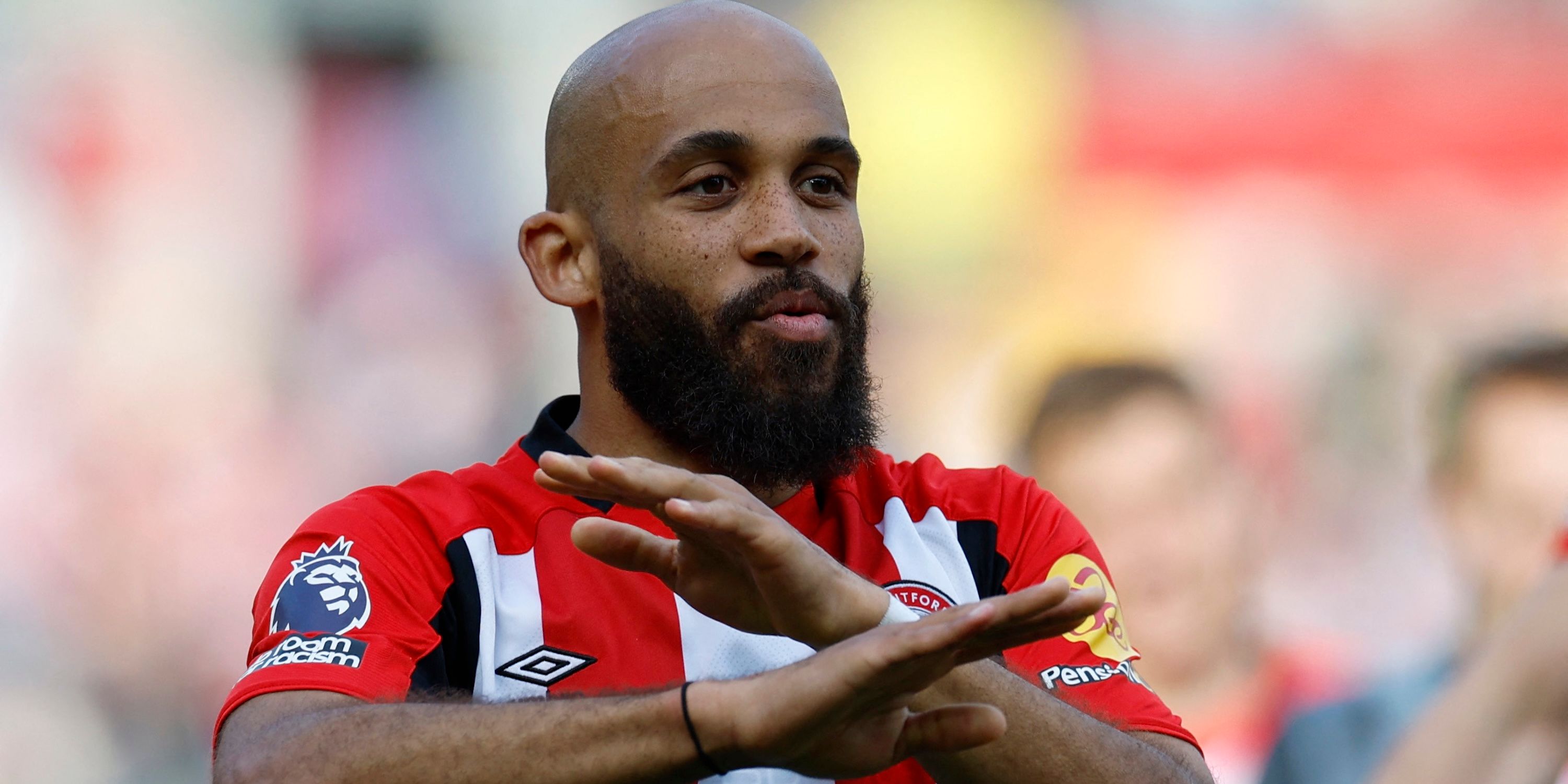 Brentford's Brentford Mbeumo celebrates after the match 