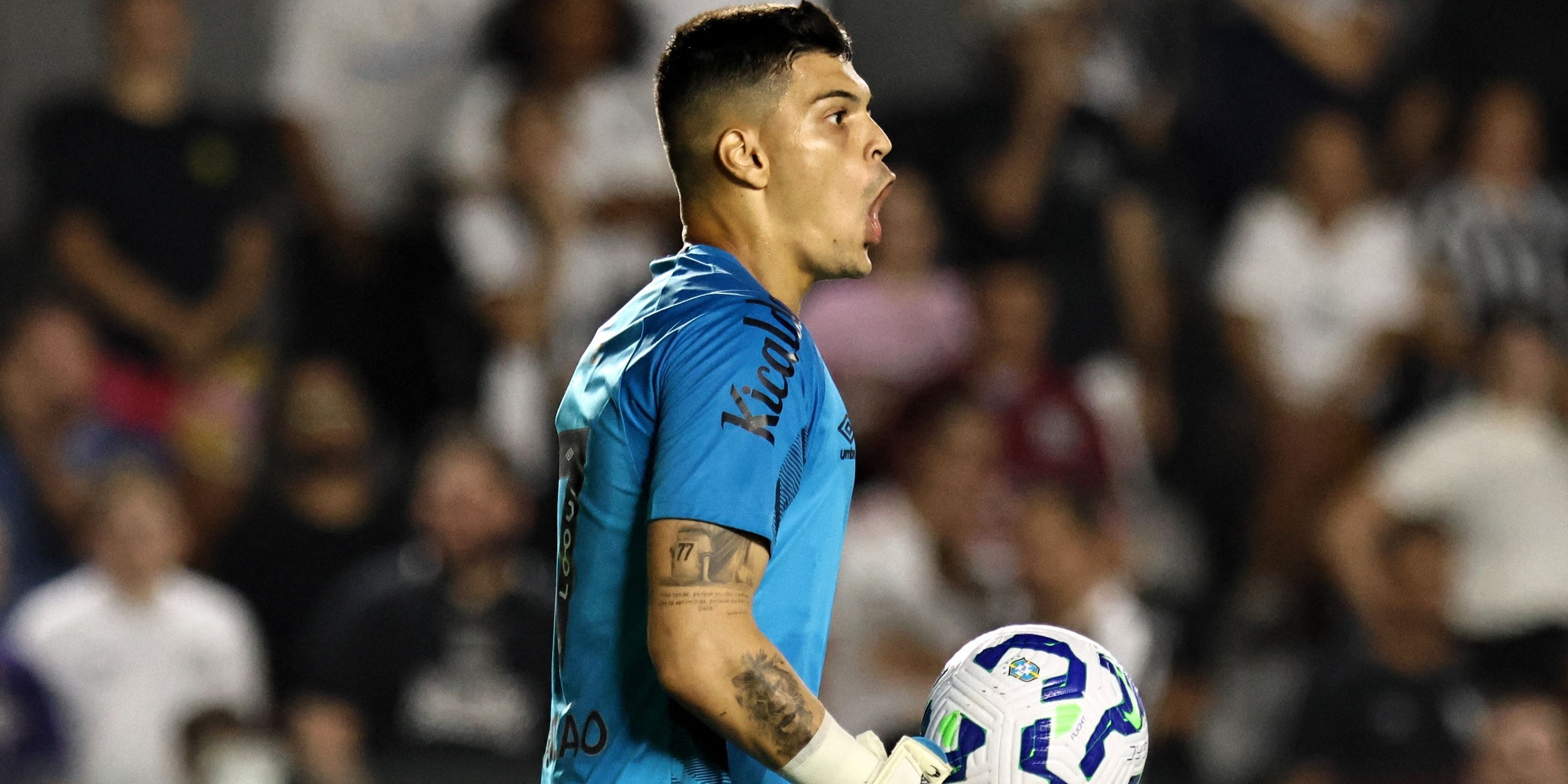 Gabriel Brazau of Santos interacts during the match