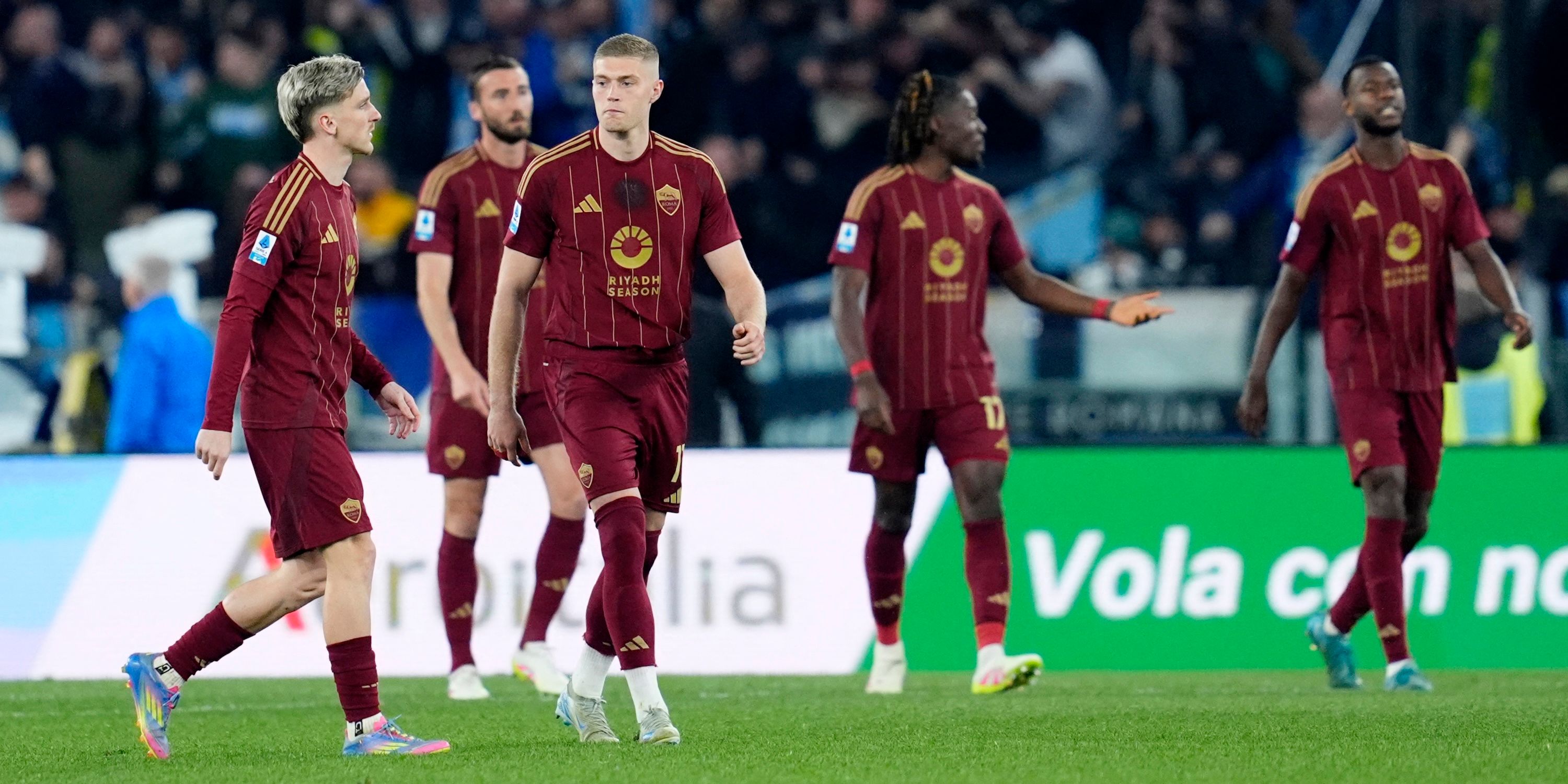 AS Roma's Artem Dovbyk looks dejected after Lazio's Alessio Romagnoli scores their first goal