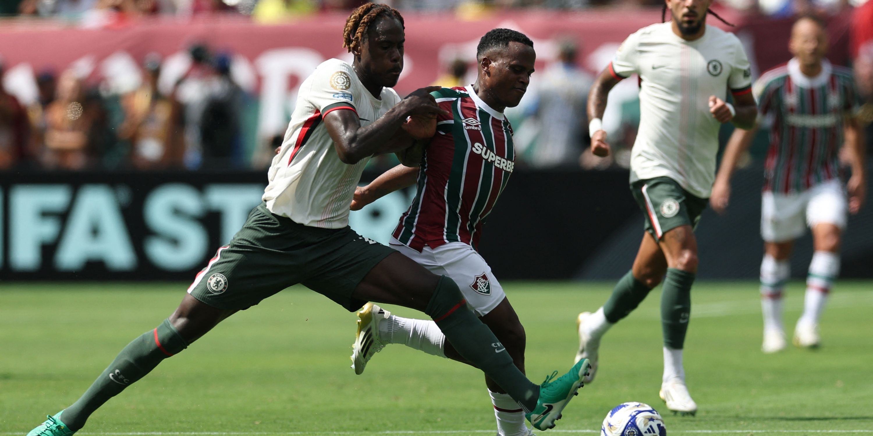 Fluminense's Jhon Arias in action with Chelsea's Trevoh Chalobah