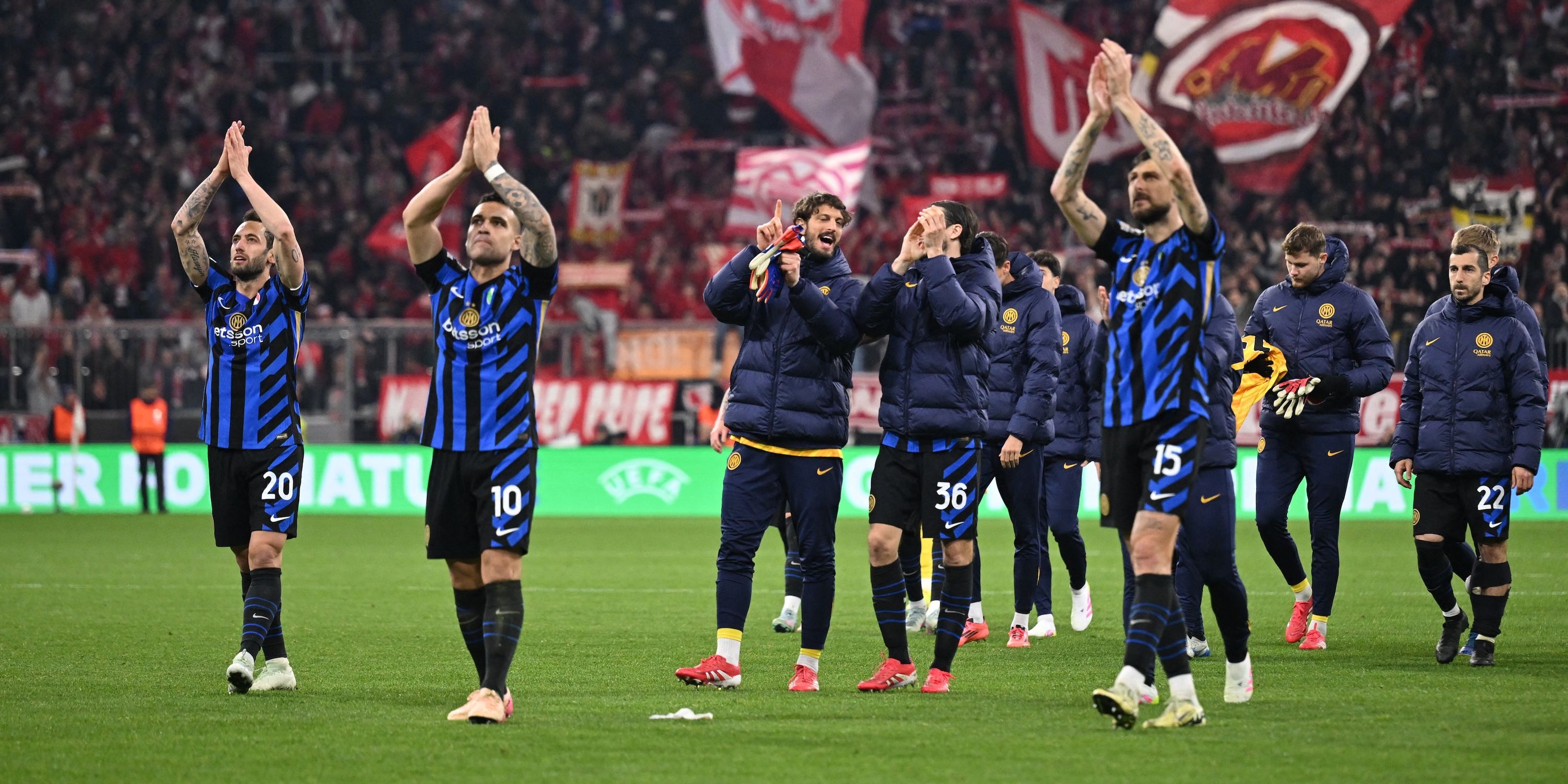 Inter Milan's Lautaro Martinez, Francesco Acerbi and Hakan Calhanoglu celebrate after the match