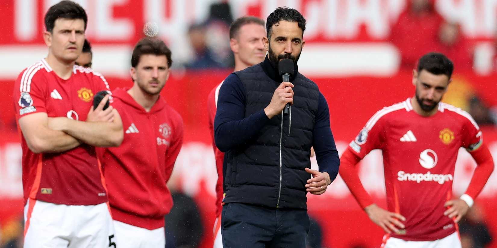 Manchester United Manager, Ruben Amorim, talks to the fans after the match