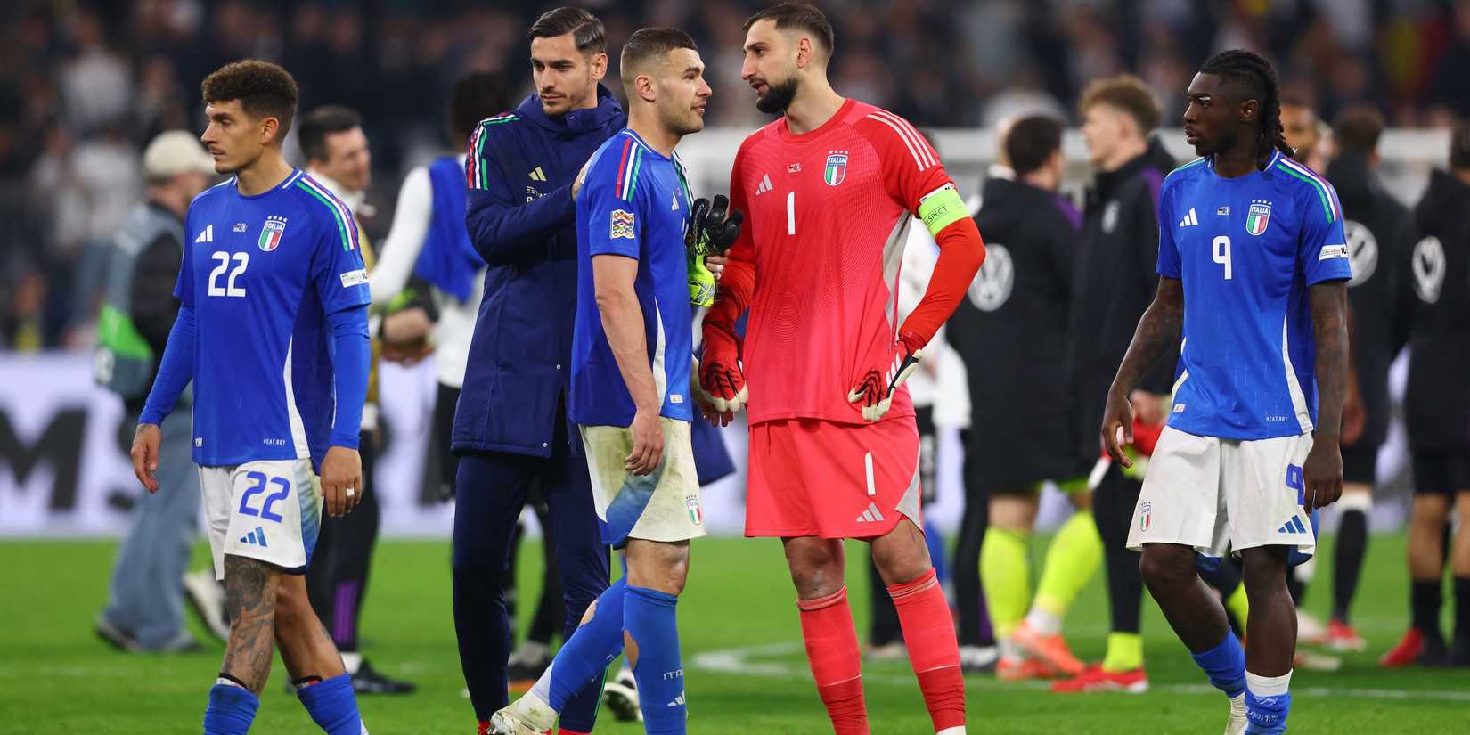 Italy's Giovanni Di Lorenzo, Italy's Alessandro Buongiorno, Italy's Moise Kean and Italy's Gianluigi Donnarumma