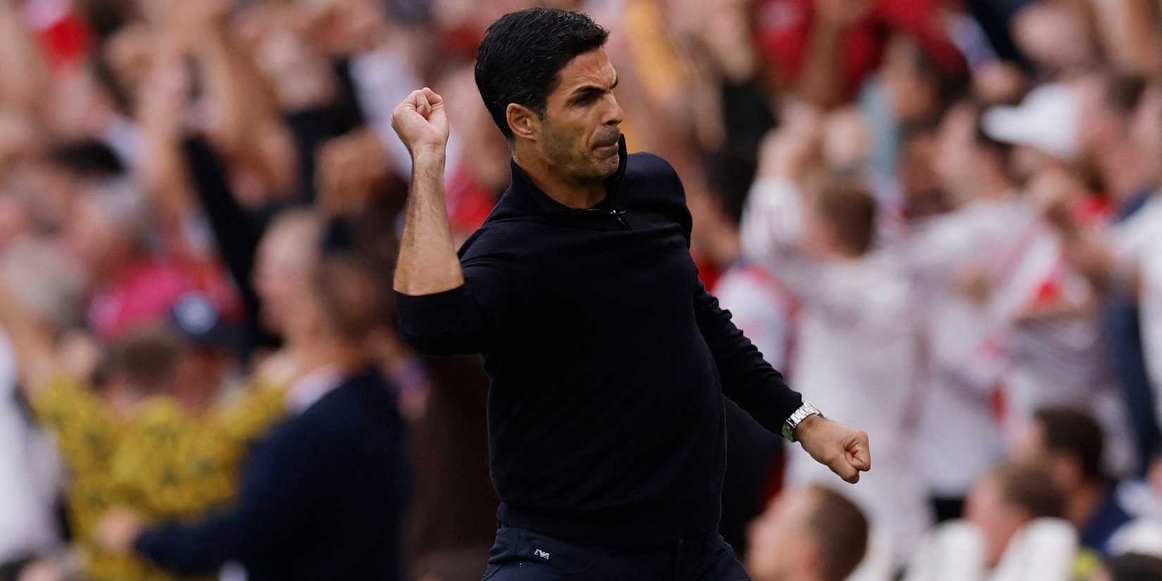 Arsenal manager Mikel Arteta celebrates after Bukayo Saka scores their second goal 