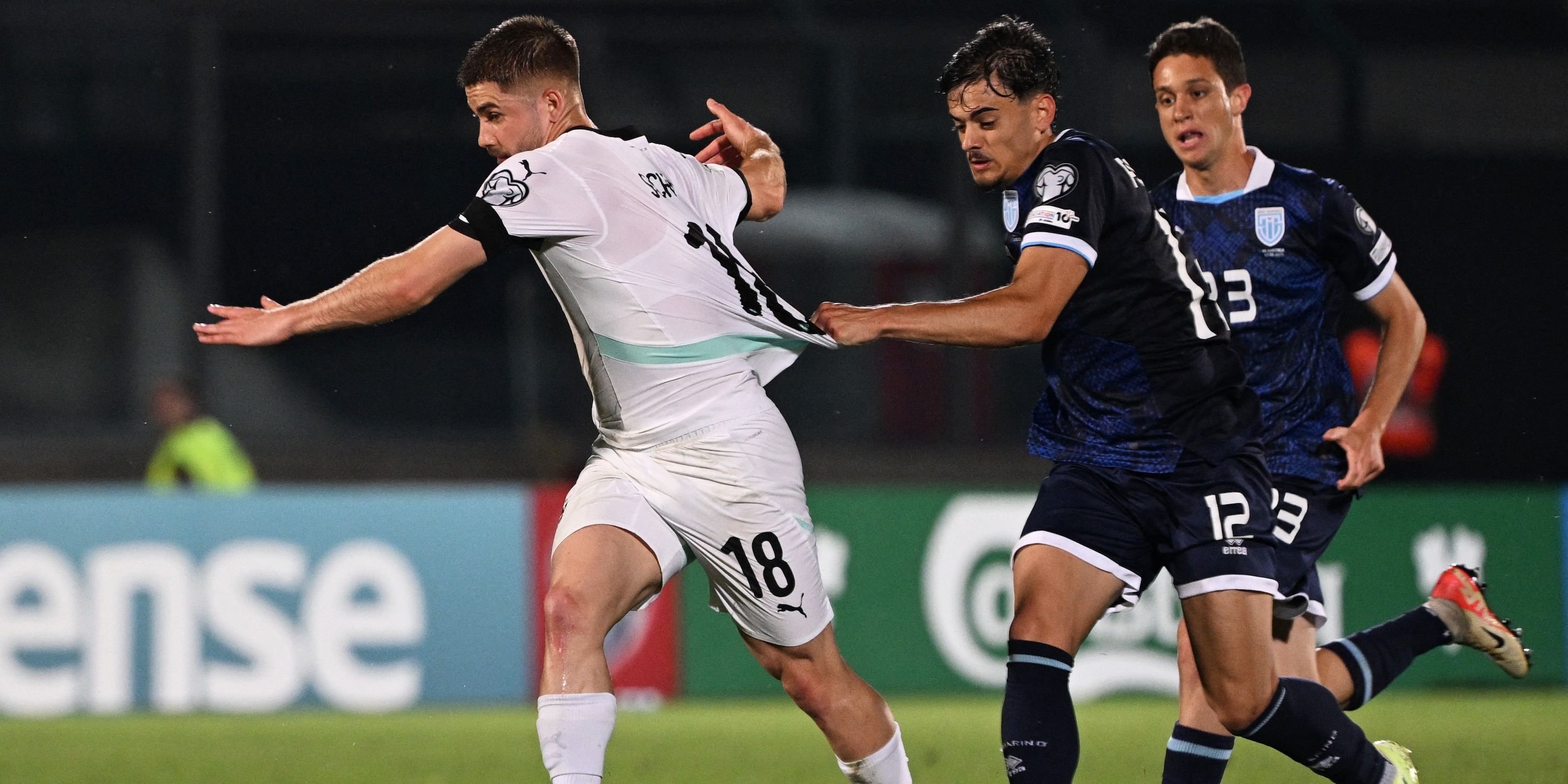 Austria's Romano Schmid in action with San Marino's Alberto Riccardi