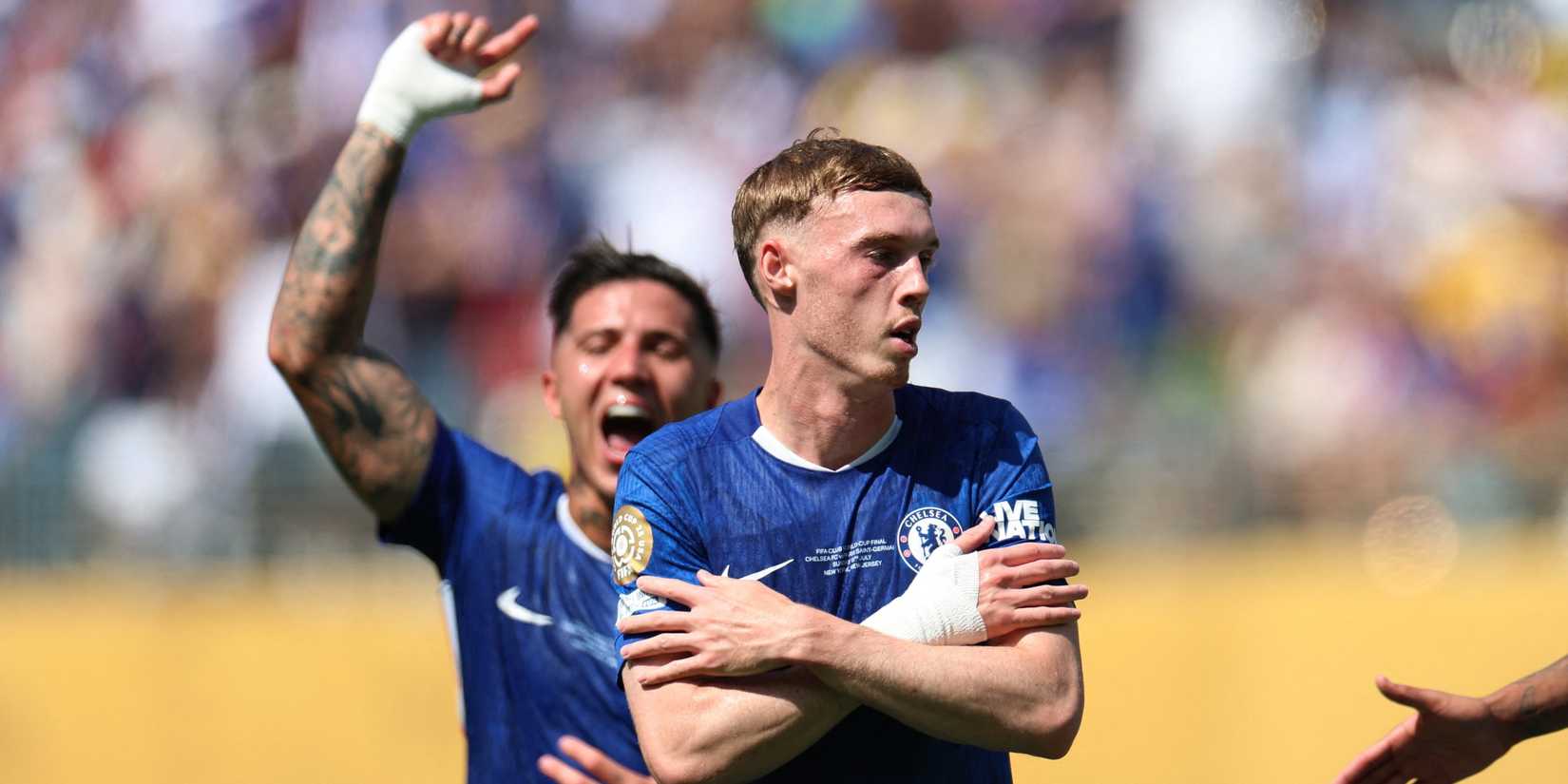 Chelsea's Cole Palmer celebrates scoring their second goal with Enzo Fernandez