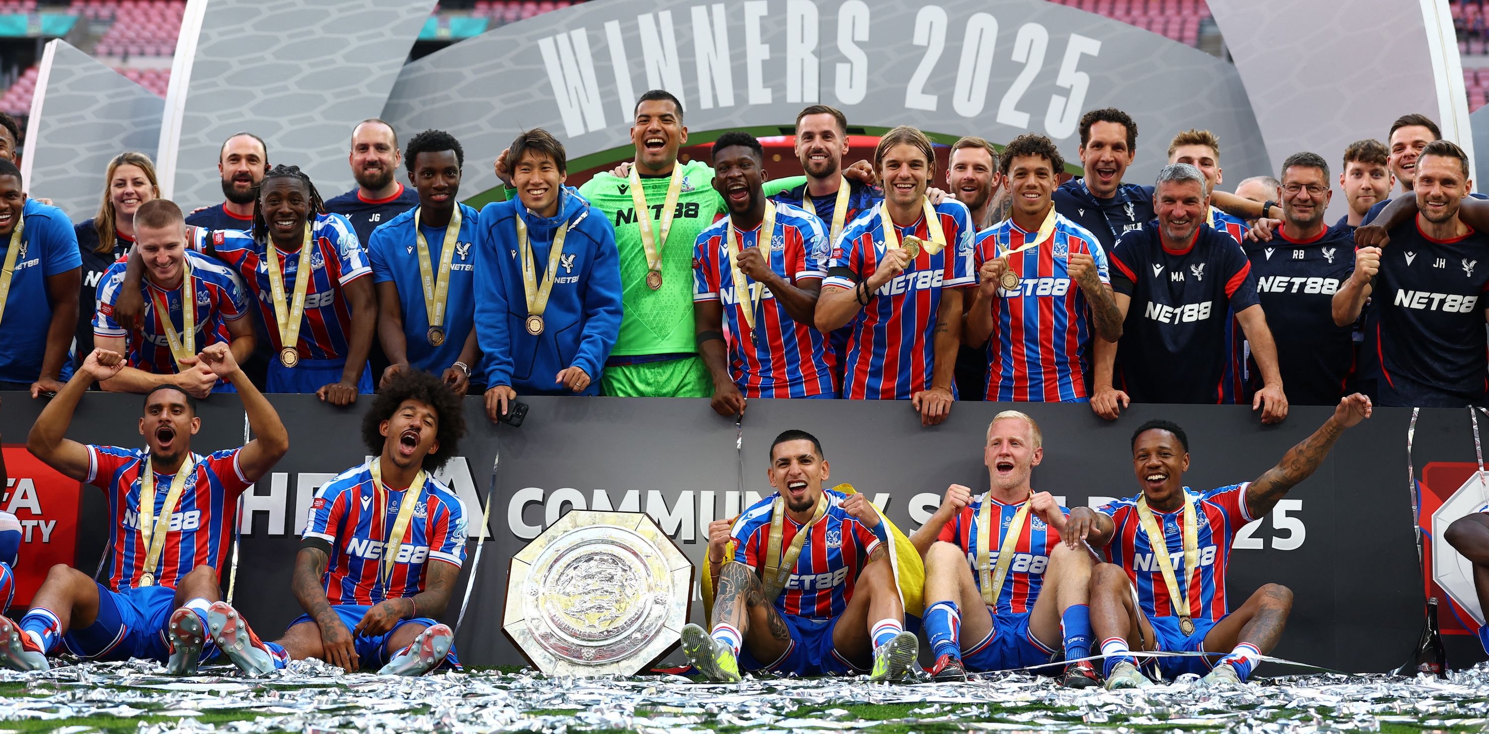 Crystal Palace players pose with the trophy as they celebrate after winning the FA Community Shield