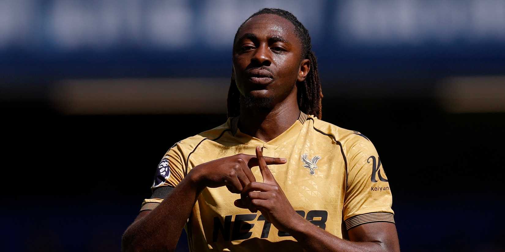 Crystal Palace's Eberechi Eze celebrates scoring their first goal before it is disallowed after a VAR review