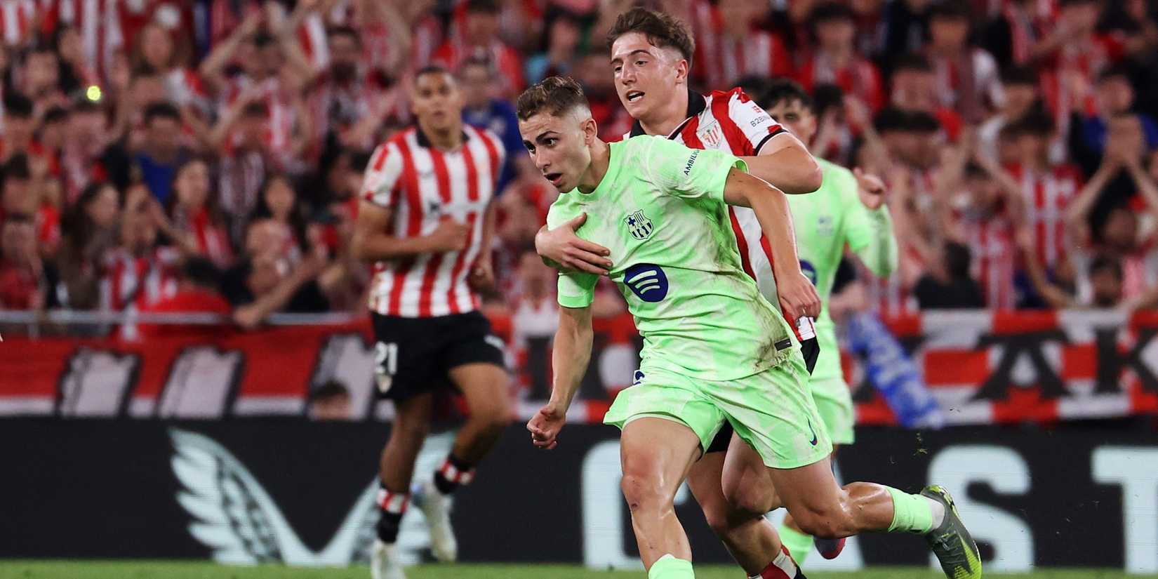     FC Barcelona's Fermin Lopez at Mikel Jauregiz from Athletic Bilbao