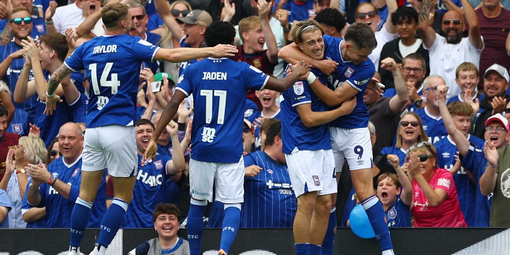   Ipswich Town's Jack Clarke celebrates their first goal with teammates, an own goal scored by Southampton's Taylor Harwood-Bellis