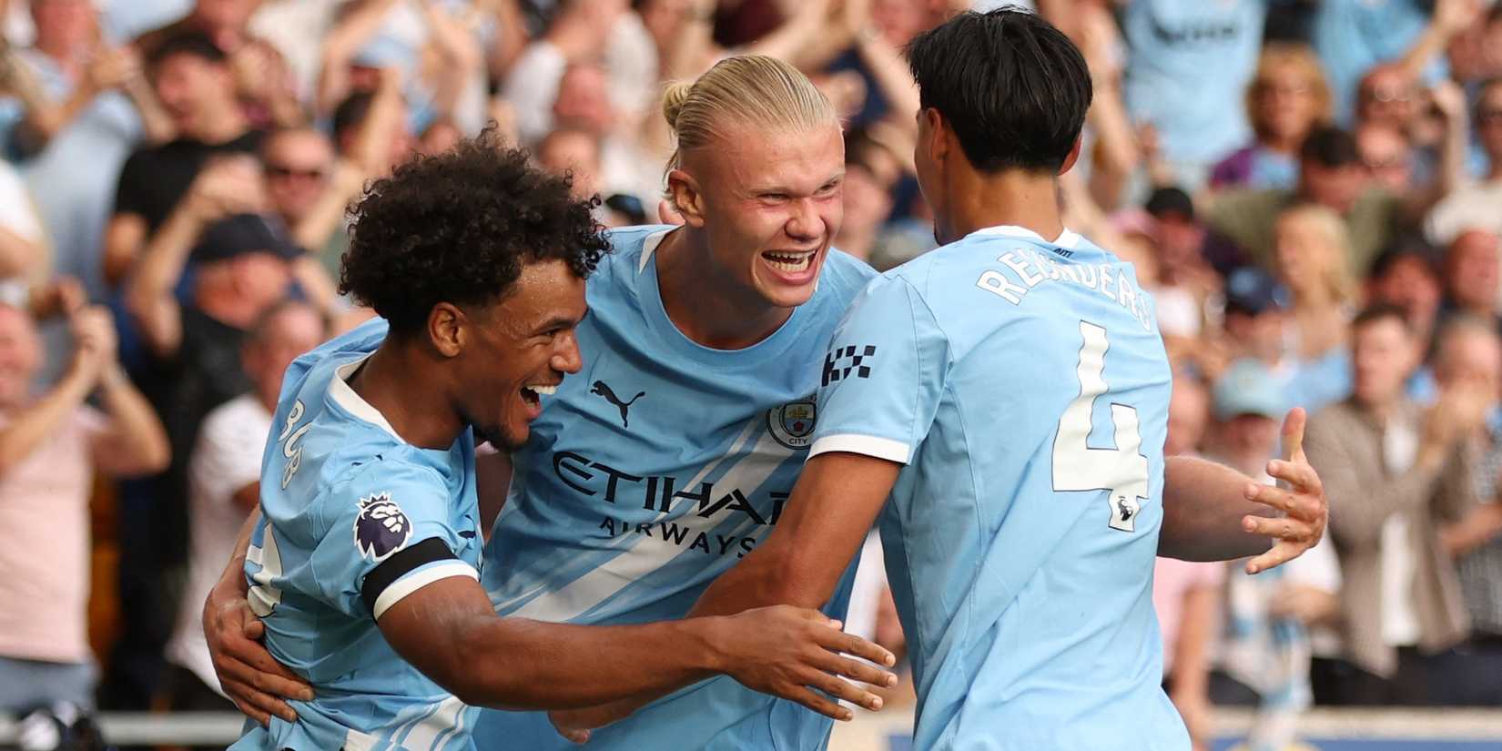 Erling Haland from Manchester City is celebrating their third goal with Oscar Bob and Tigjan Regends