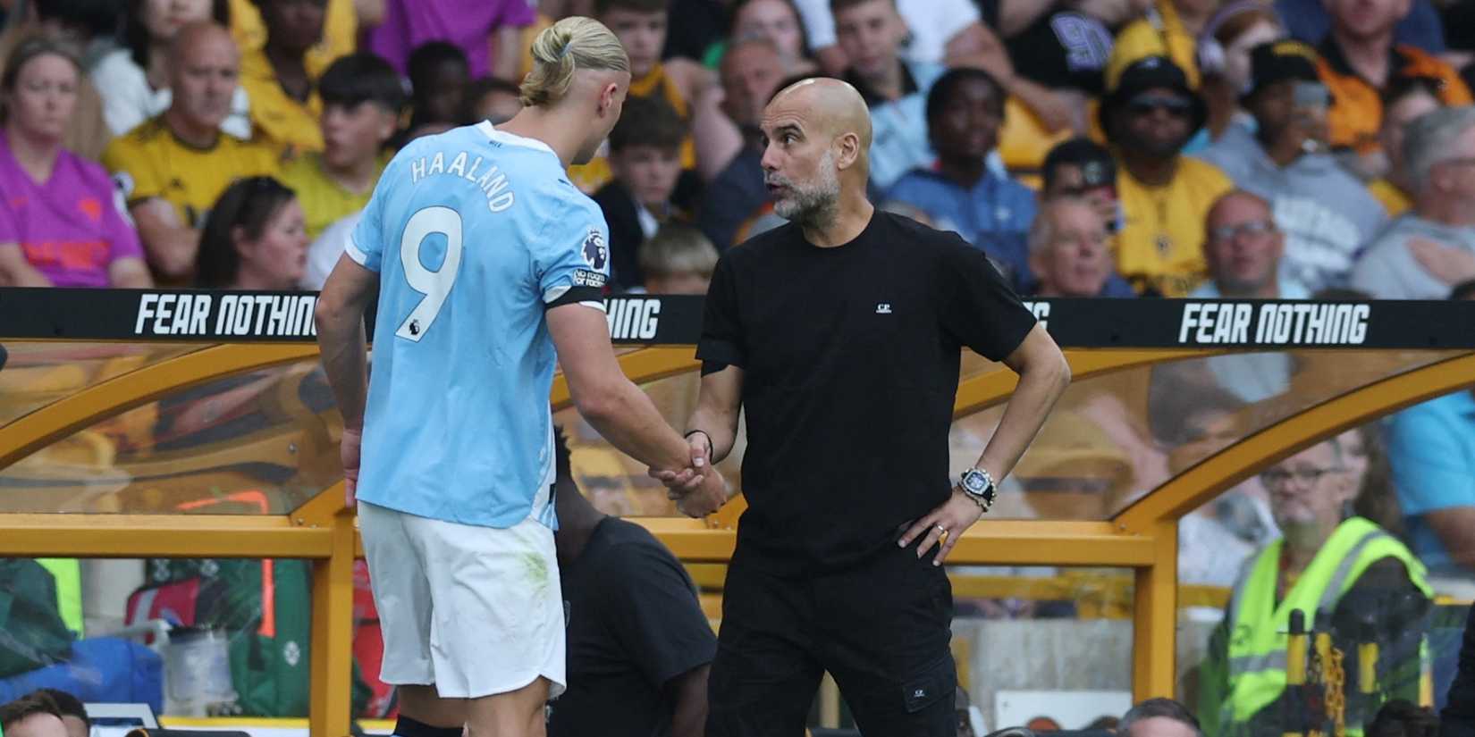 Halland is walking from Manchester City his hands with director Pep Guardiola after his replacement