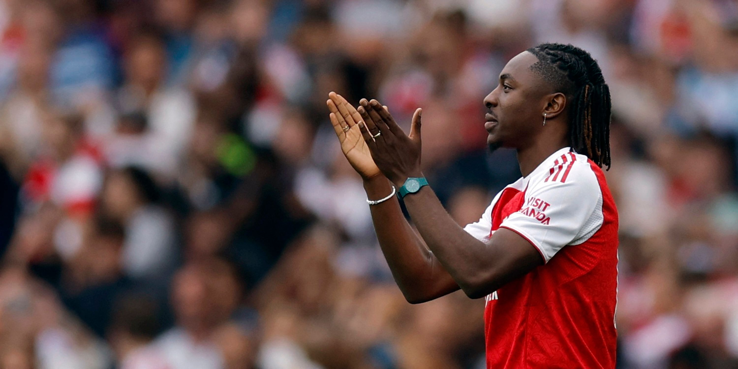 New Arsenal signing Eberechi Eze is unveiled to the fans before the match