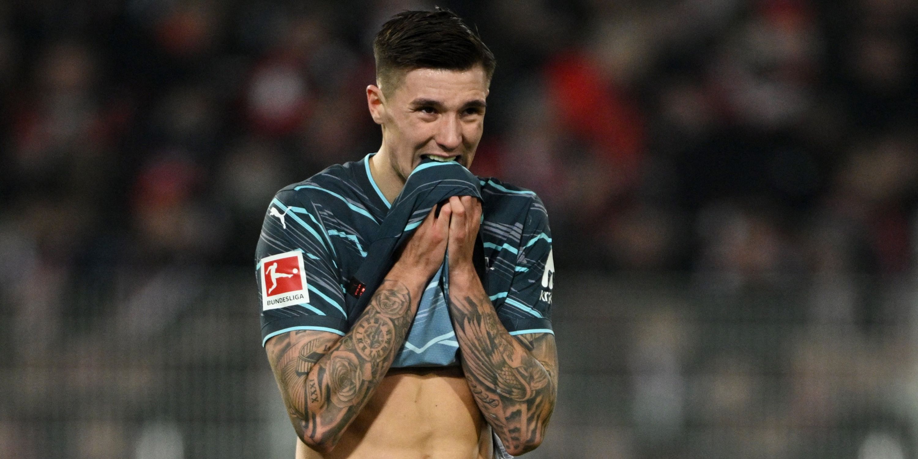  RB Leipzig's Benjamin Sesko reacts