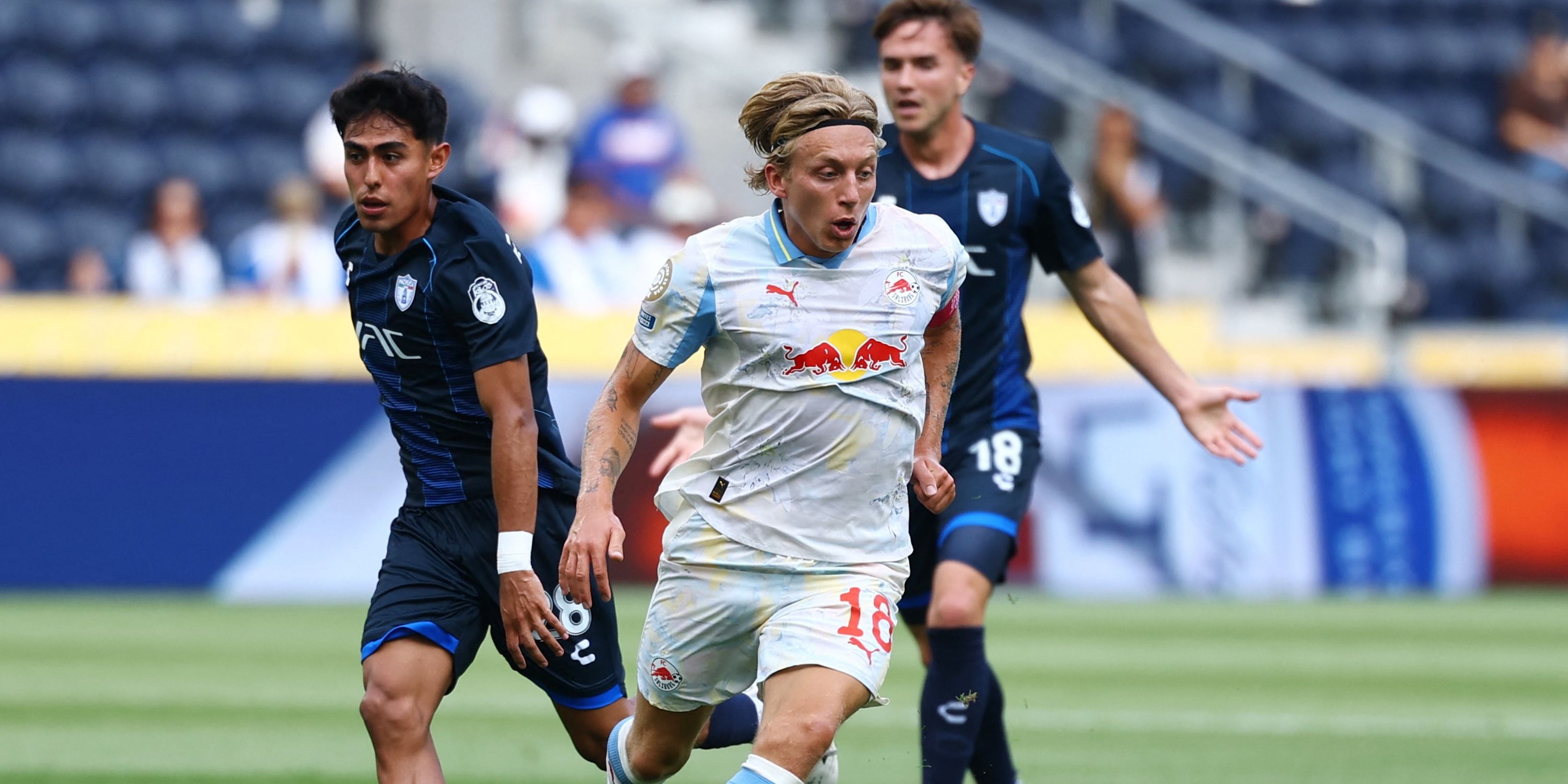 RB Salzburg's Mads Bidstrup working with Pachuca and Agustin Palavecino