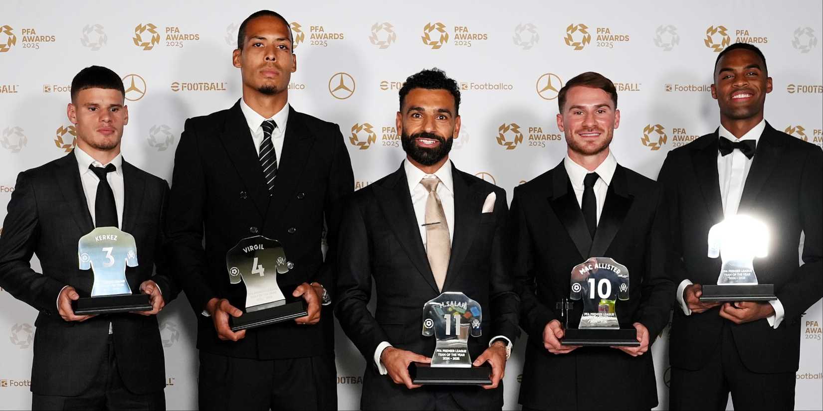 Salah, Van Dijk, Kerkez, Gravenberch and Mac Allister at 2025 PFA awards
