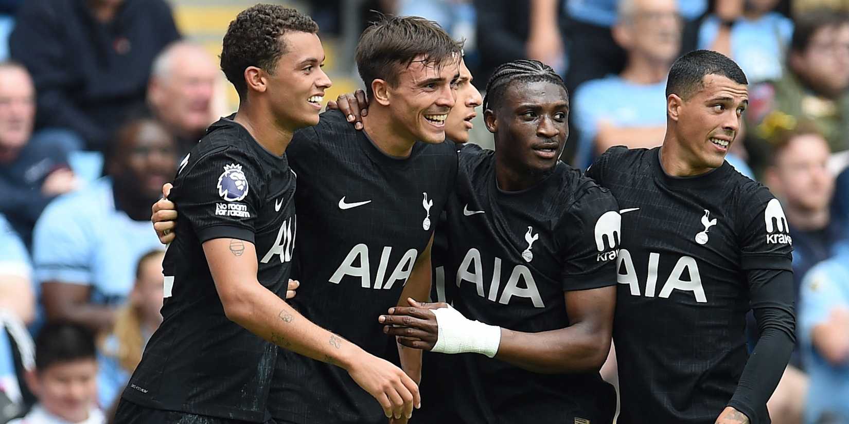 Tottenham Hotspur's Joao Palhinha celebrates scoring their second goal with teammates