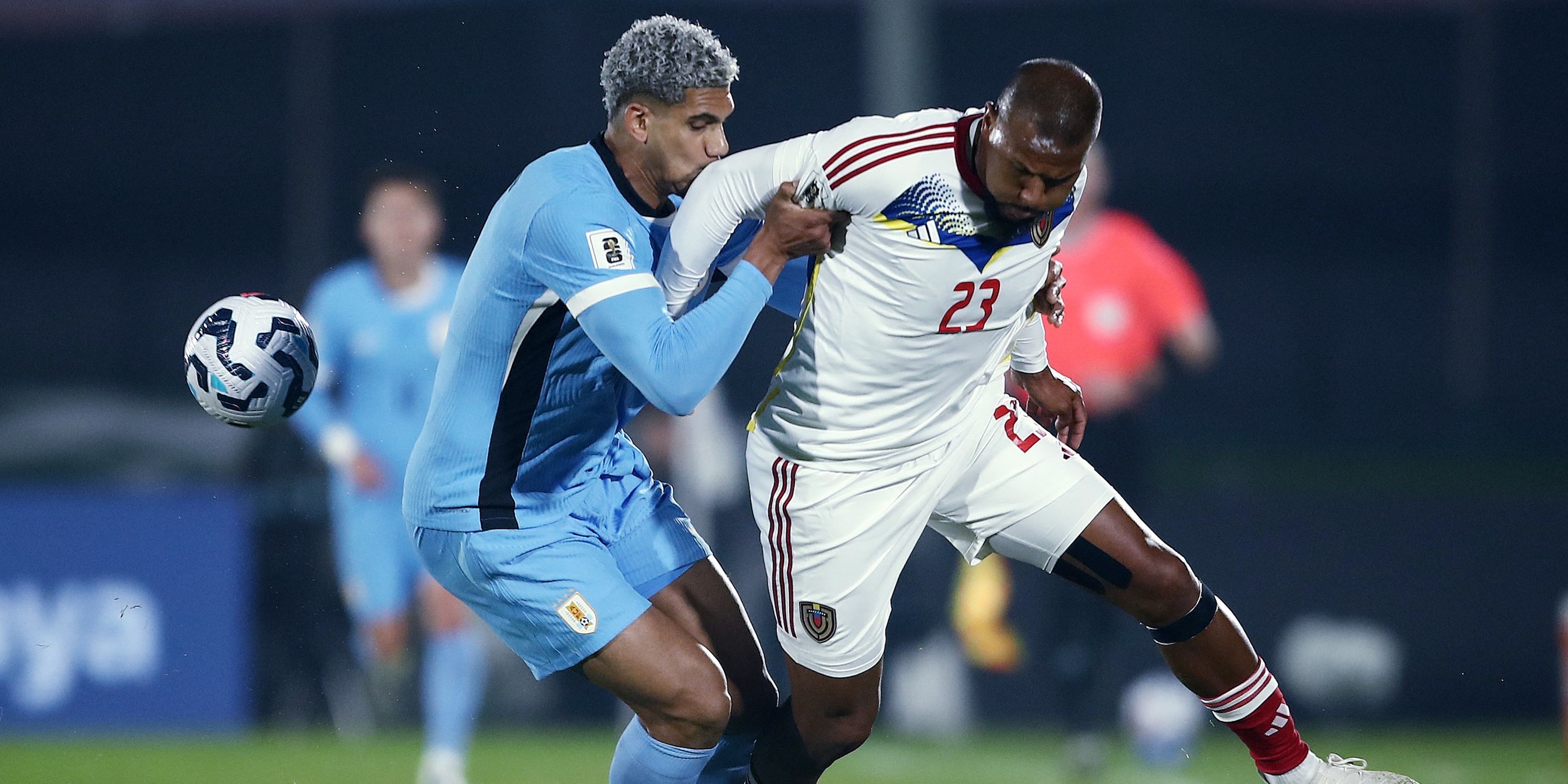 Uruguay's Ronald Araujo in action with Venezuela's Salomon Rondon