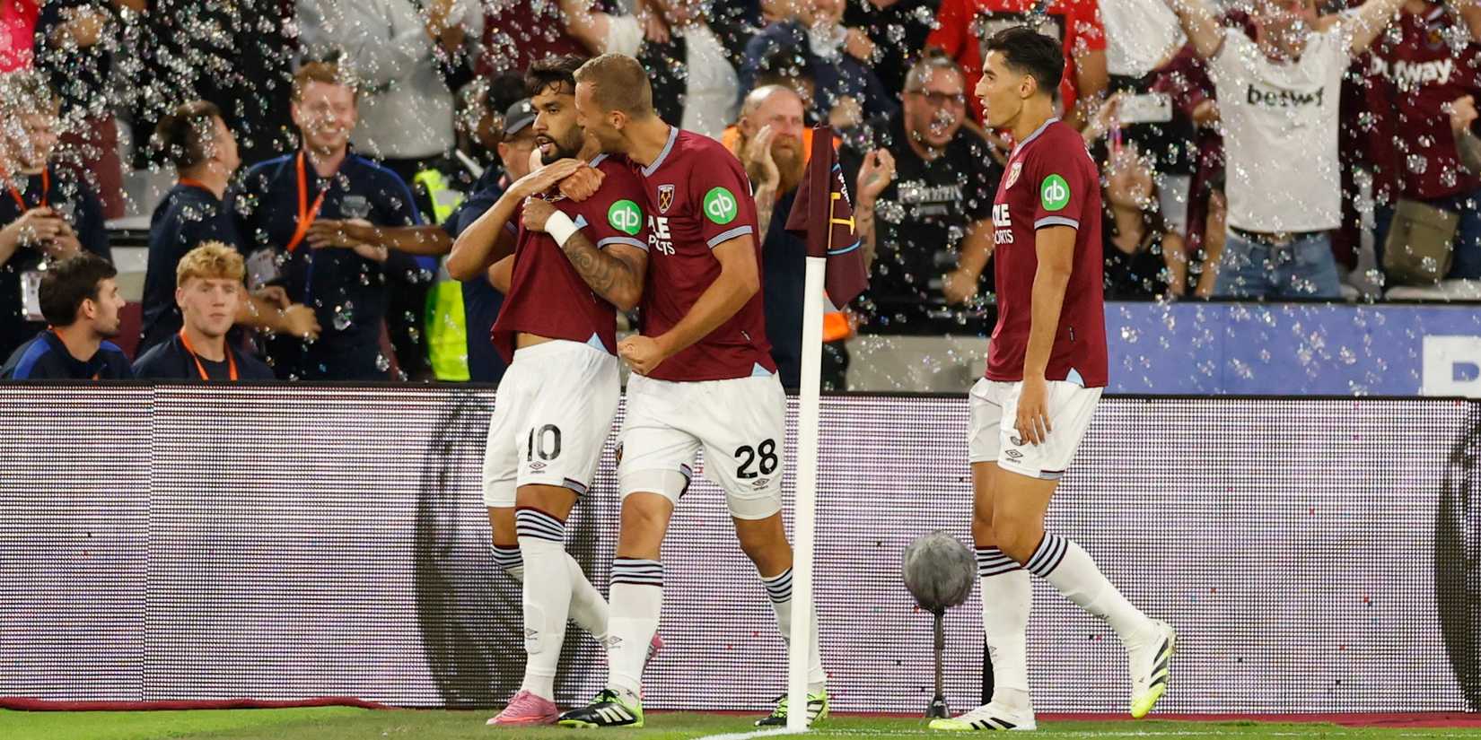 West Ham United's Lucas Paqueta Celebrates Scoring Their First Goal With Tomas Soucer