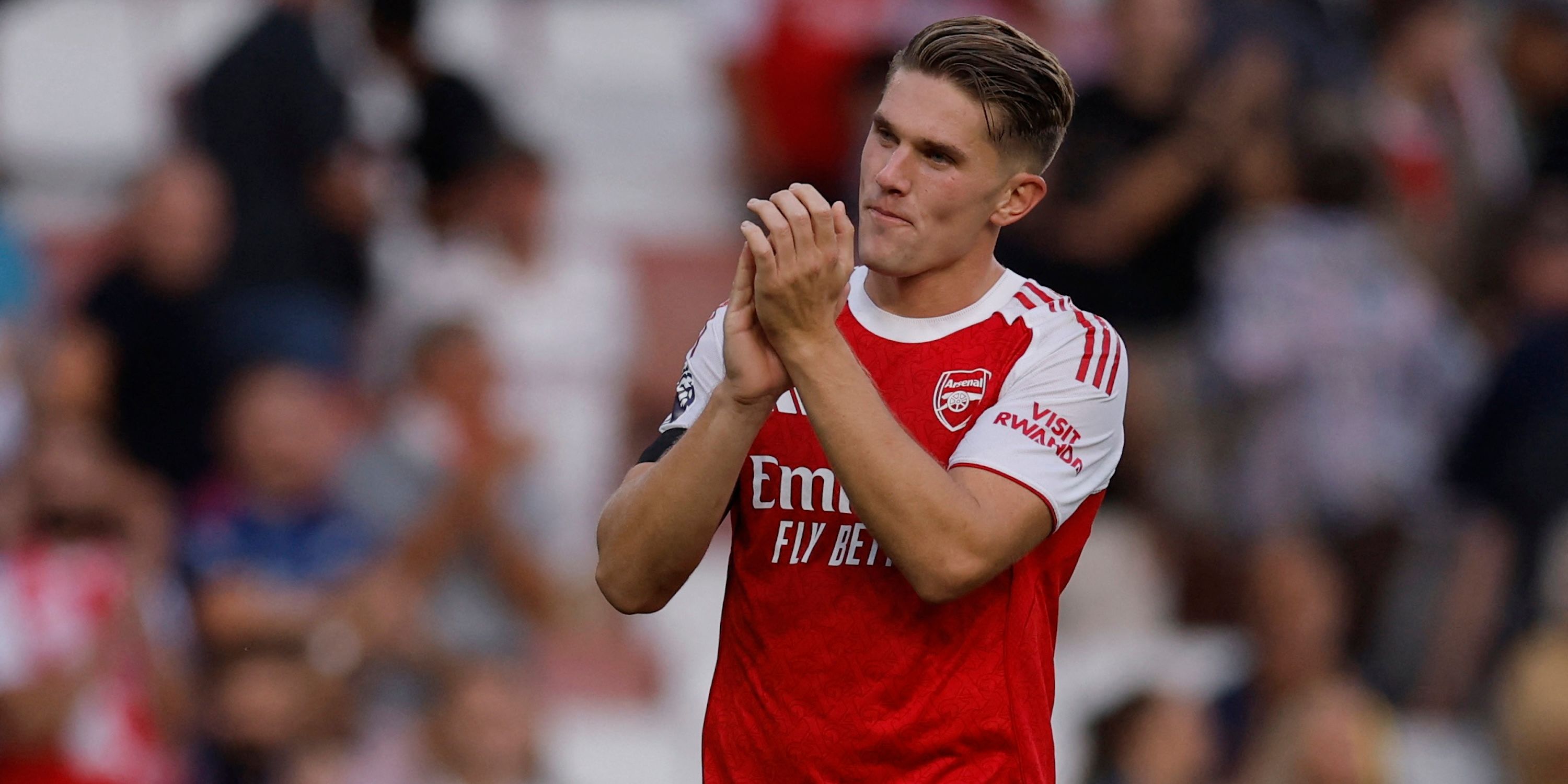 Arsenal`s Viktor Gyokeres celebrates after the match