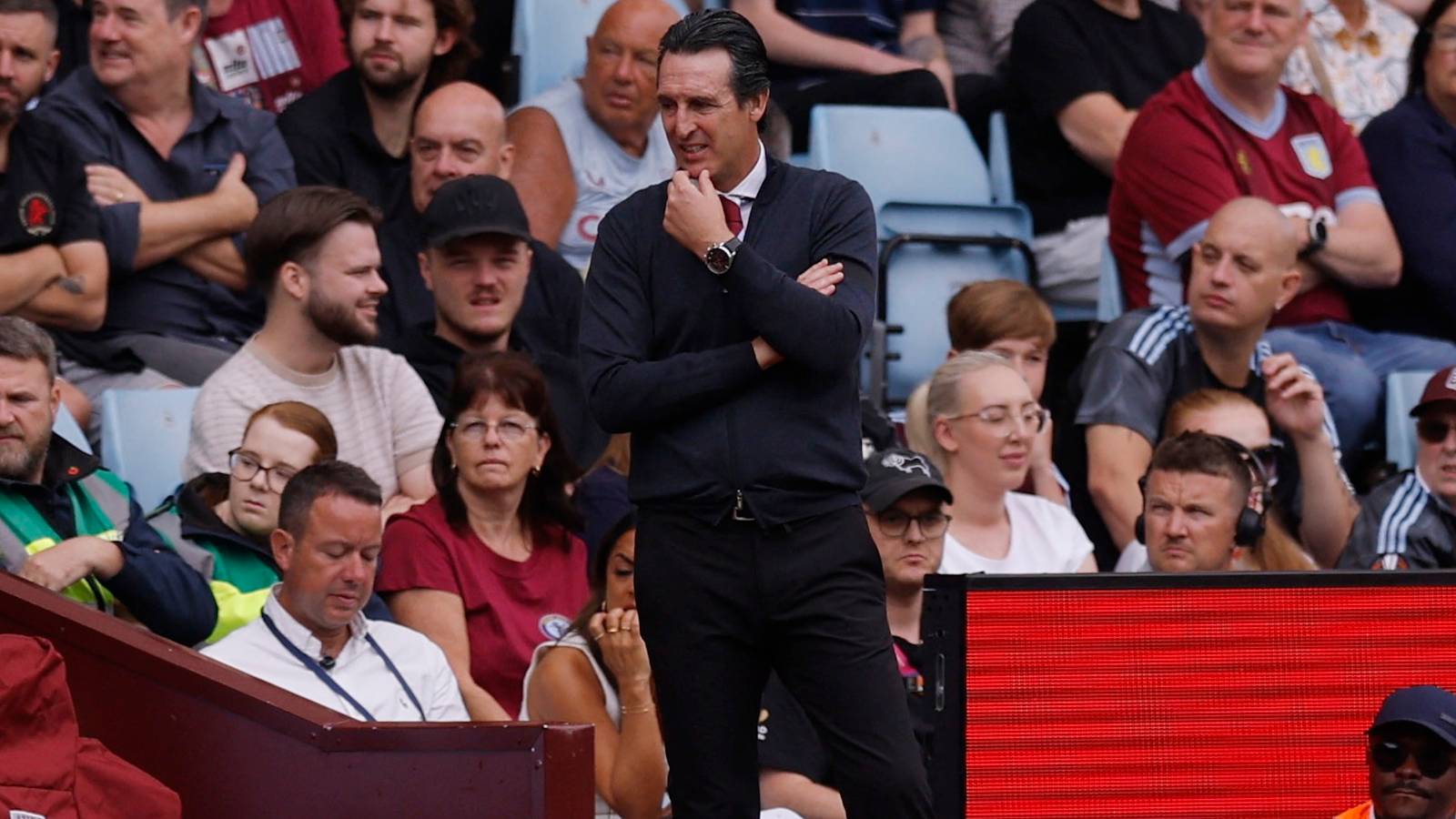 Aston Villa manager Unai Emery gesturing from the touchline during a Premier League match.