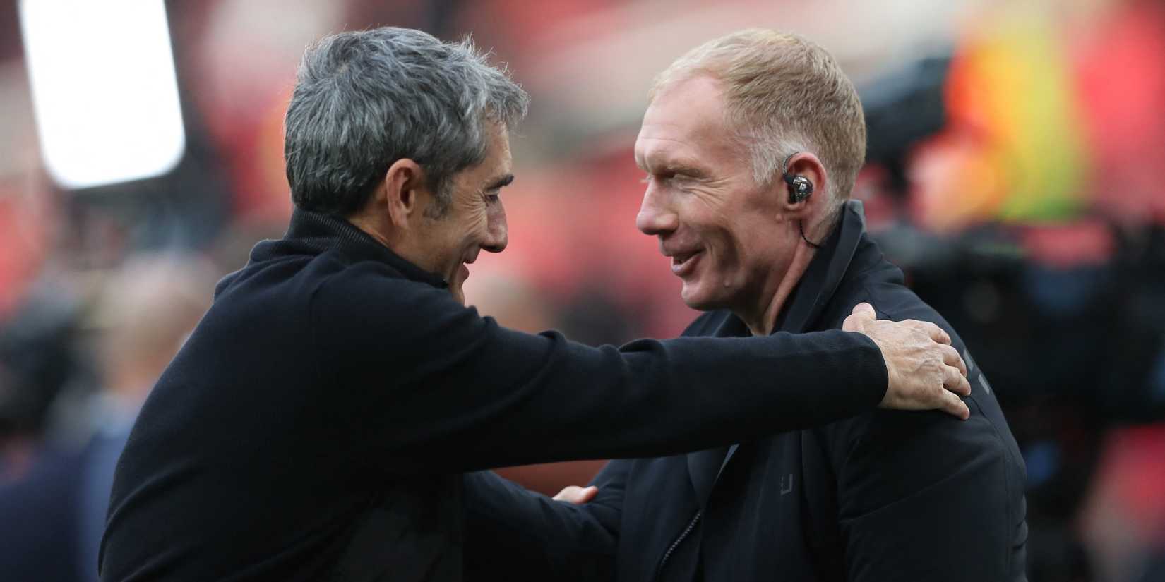 Athletic Bilbao Ernesto Valverde Games coach with a former player and TV author Paul Scholes before the match