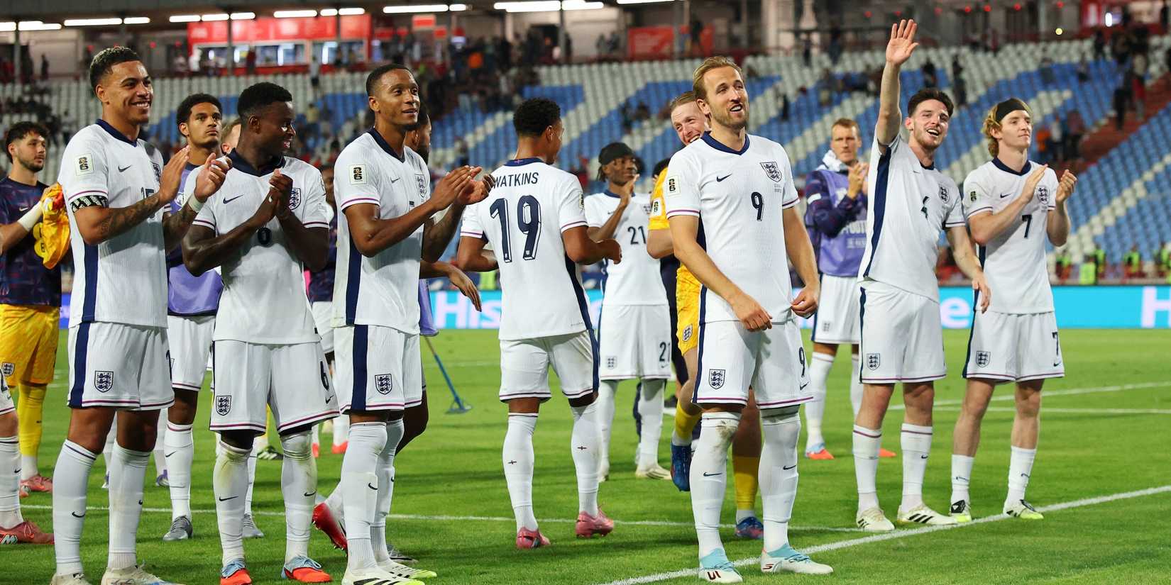 England's Marc Guehi, England's Ezri Konsa, England's Morgan Rogers, England's Harry Kane, England's Anthony Gordon and England's Declan Rice celebrate after the match