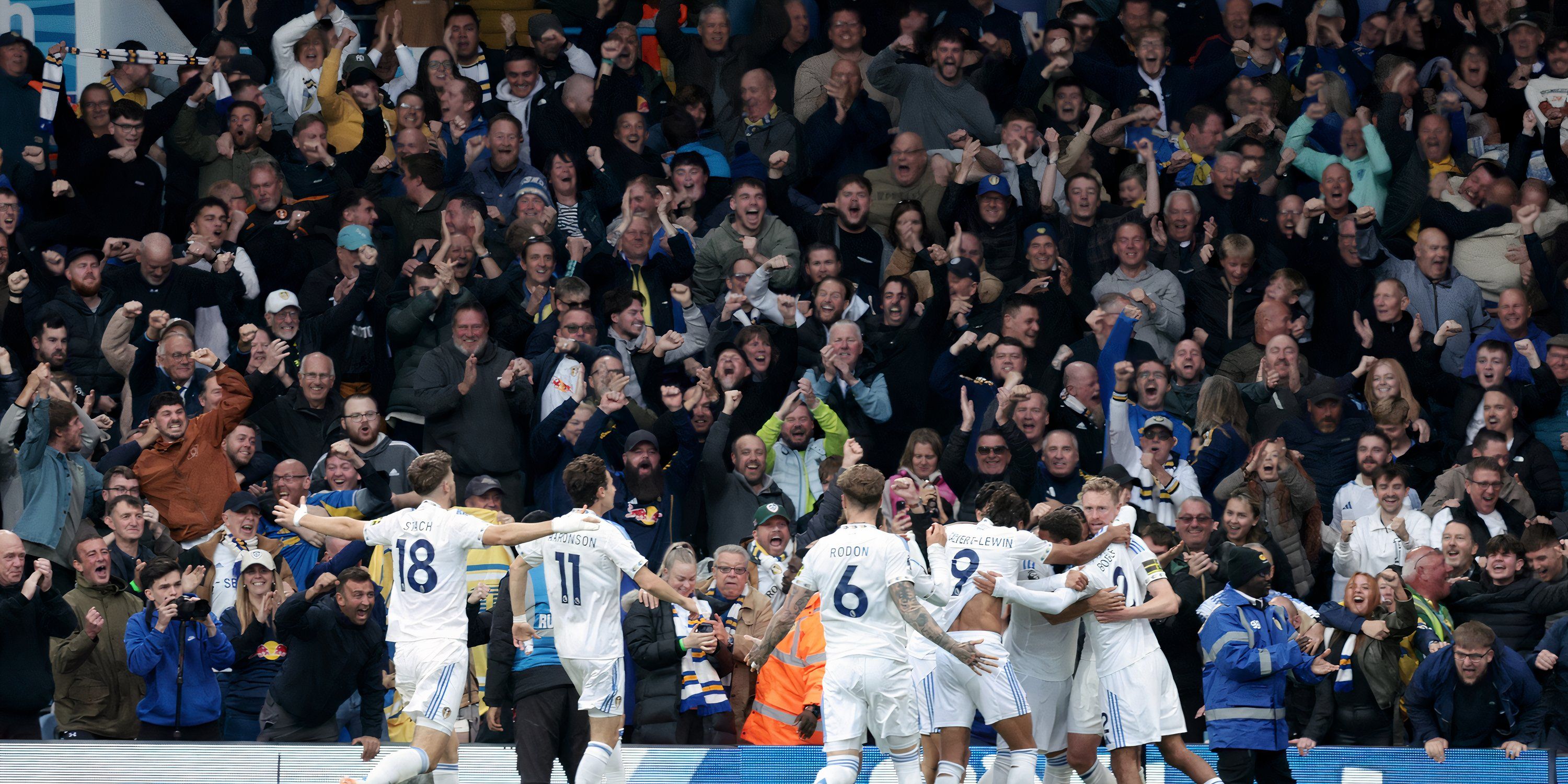 Leeds United players celebrating on the pitch
