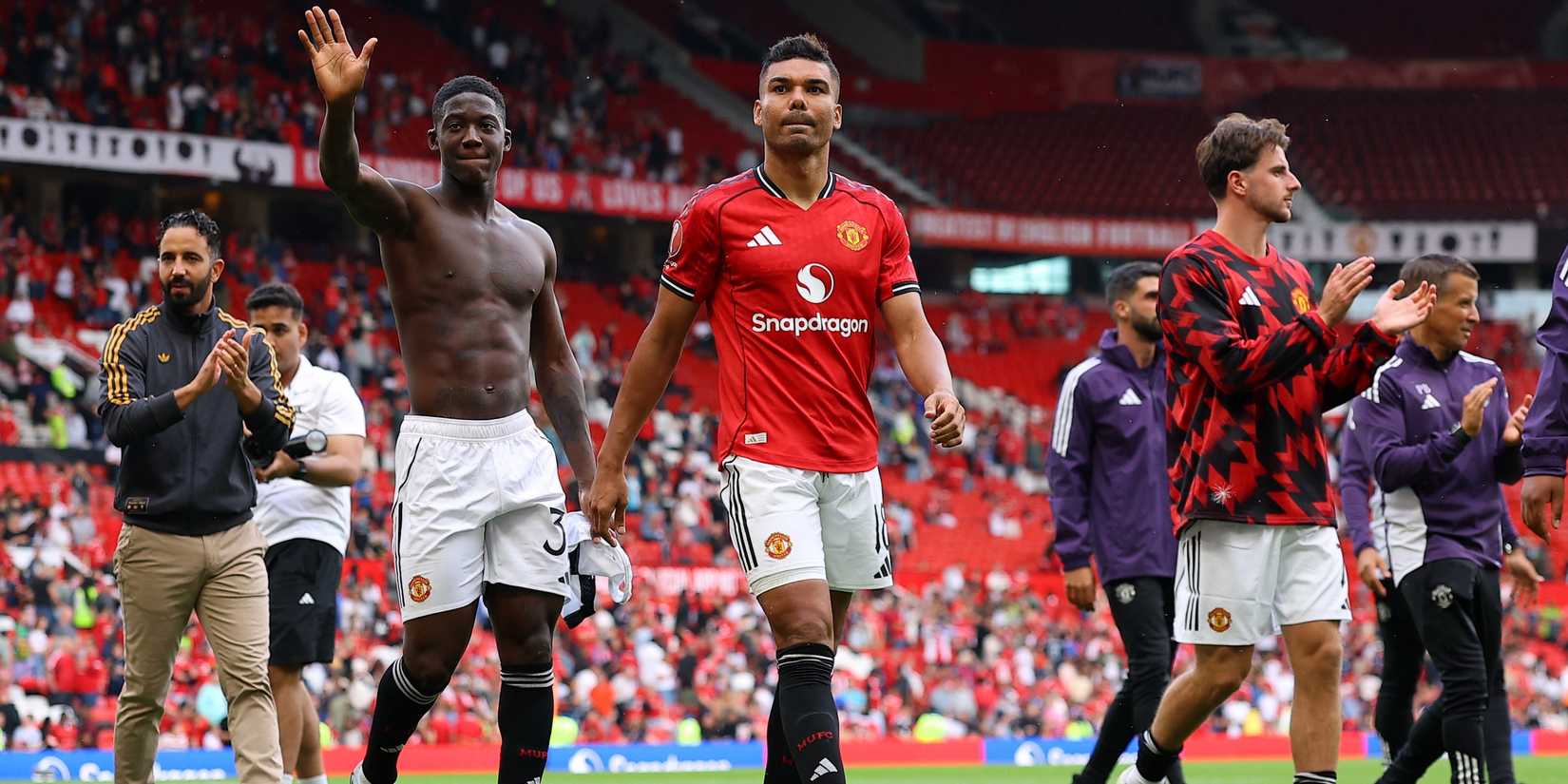 Manchester United's Kobbie Mainoo and Casemiro after the match