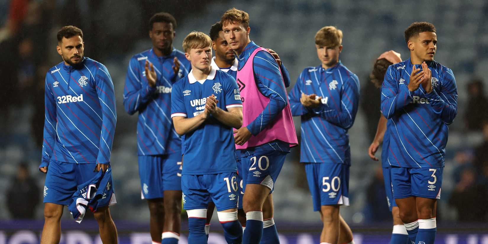 Rangers' Kieran Dowell, Rangers' Lyall Cameron and Rangers' Max Aarons celebrate after the match 