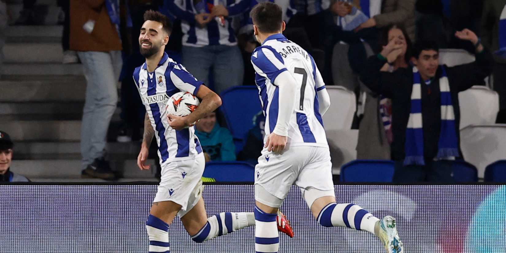 Real Sociedad's Brais Mendez Celebrates Scoring Their First Goal With Ander Barrenetxea 